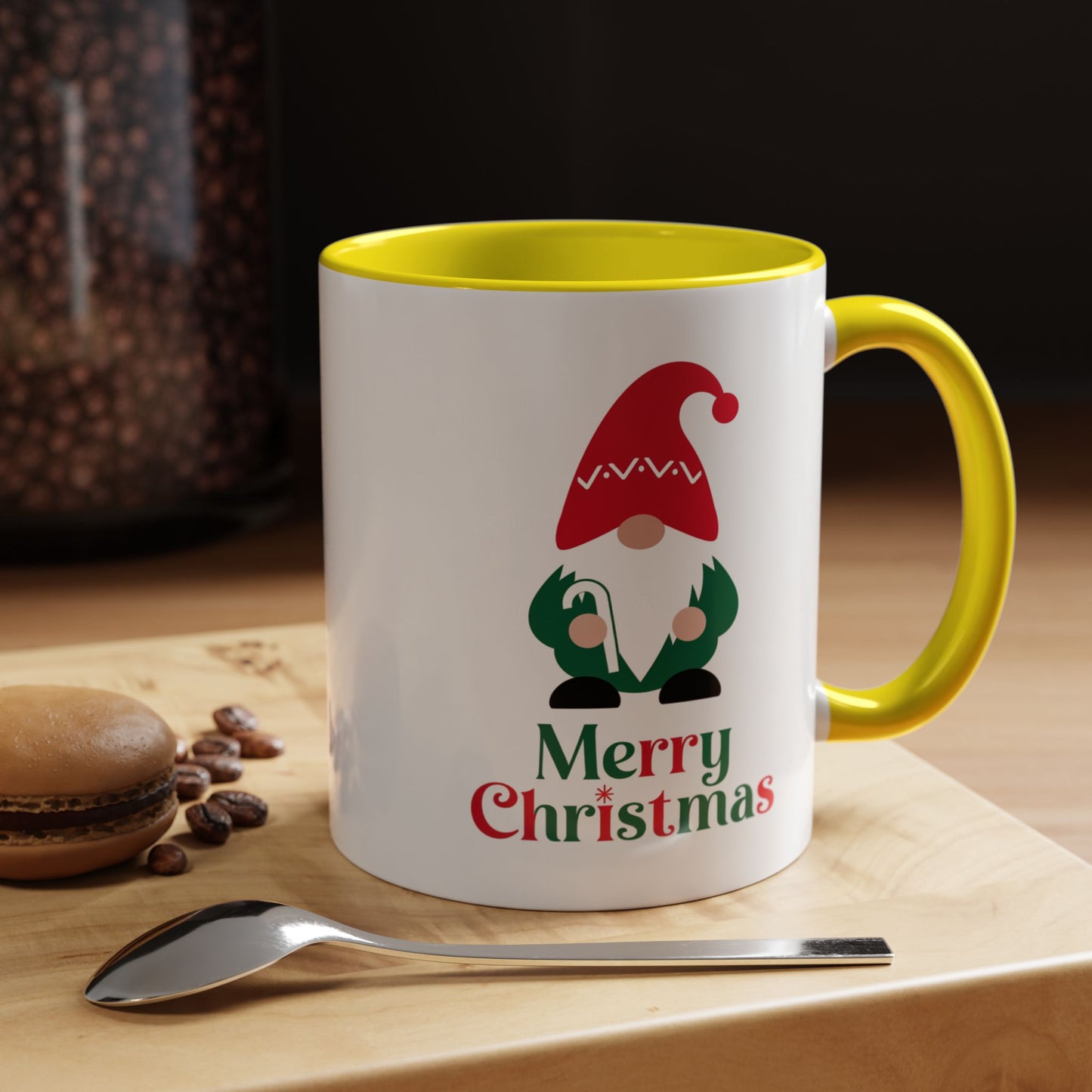 Christmas Mug - Merry Christmas Green & Red Text Gnome Candy Cane
