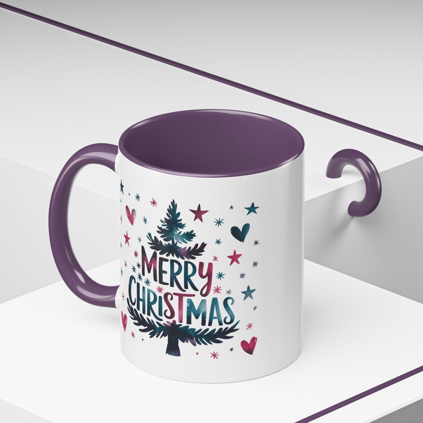 Christmas Mug - Merry Christmas Maroon & Blue Text Tree Hearts Stars