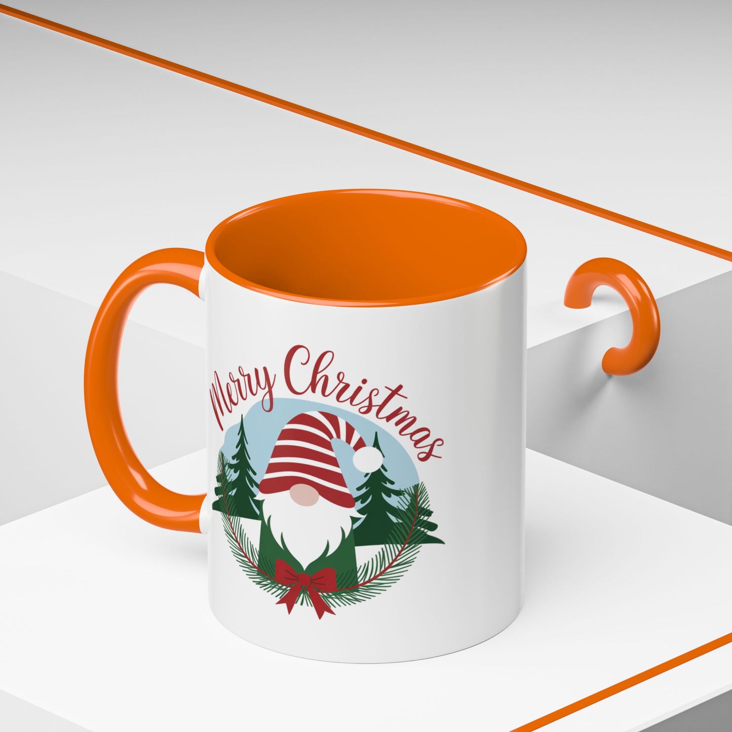 Christmas Mug - Merry Christmas Red Text Gnome Bow Tree