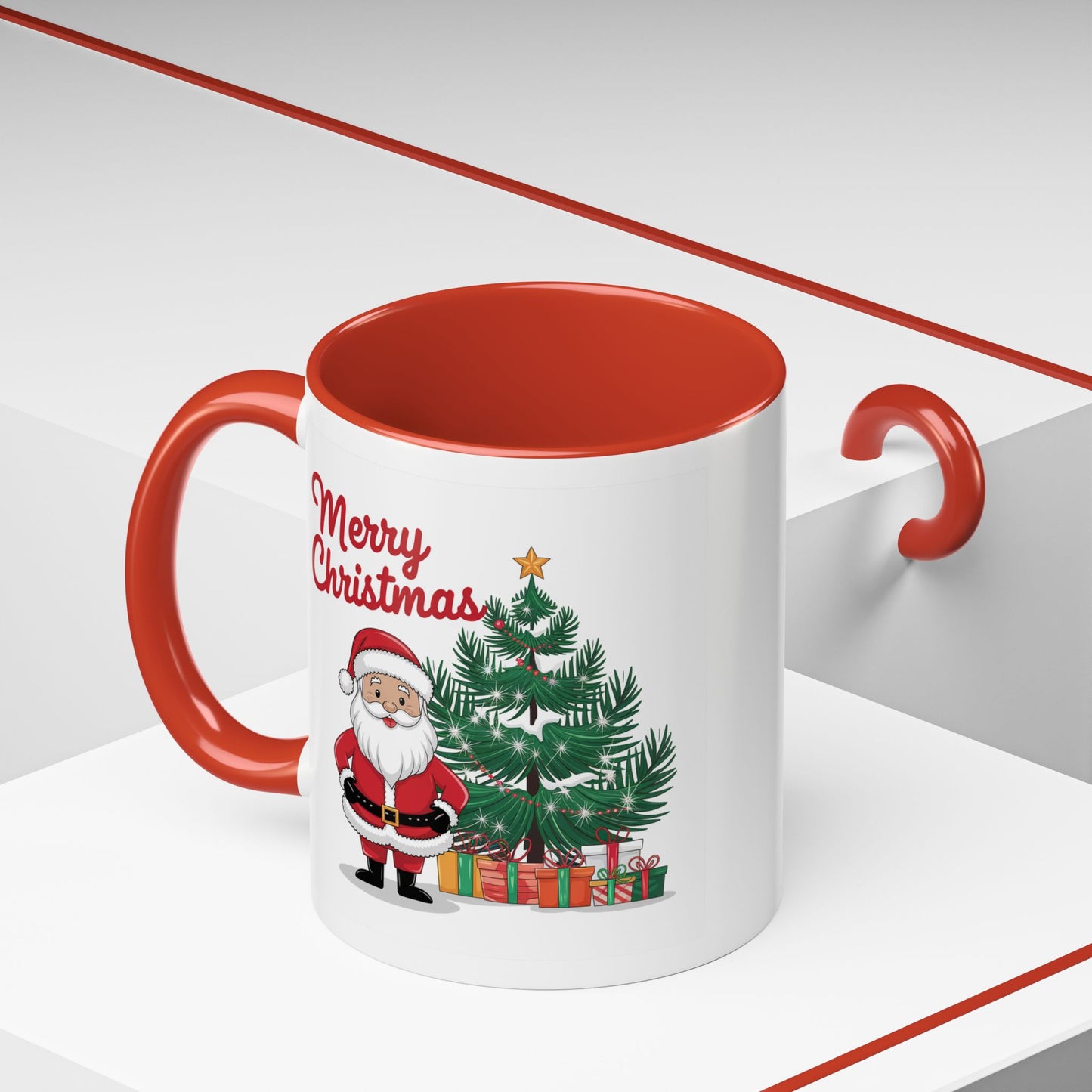 Christmas Mug - Merry Christmas Red Text Santa Tree Presents