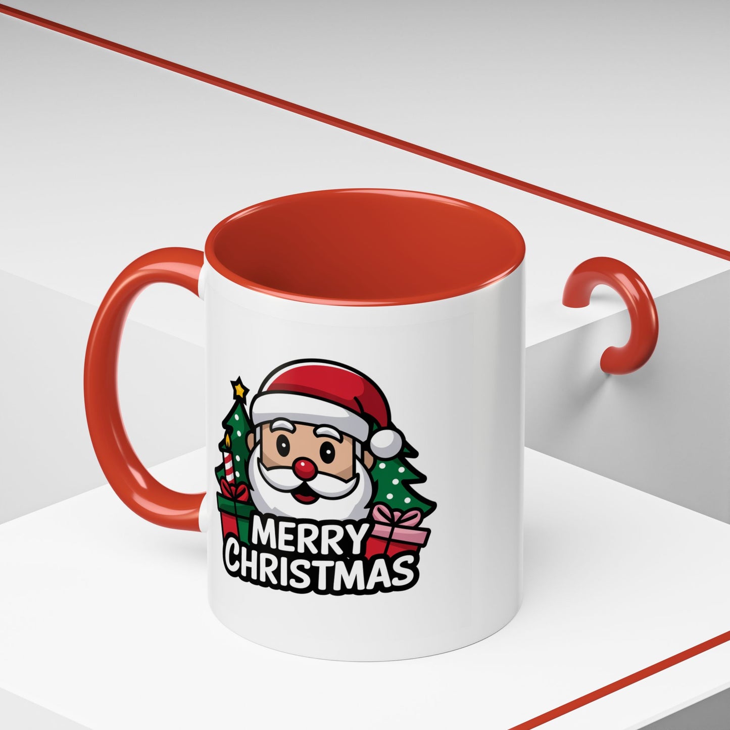 Christmas Mug - Merry Christmas White & Black Text Santa Trees Presents