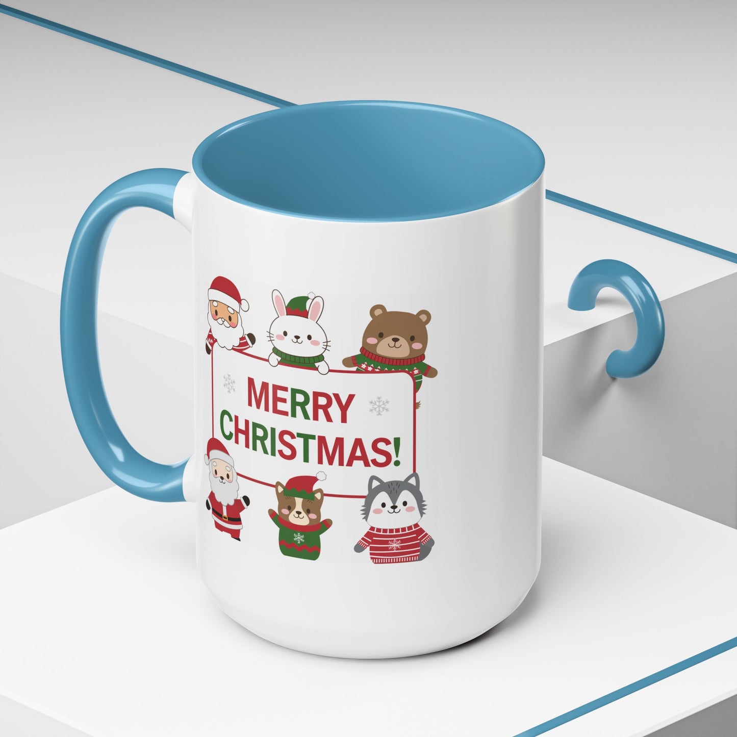 Christmas Mug - Merry Christmas Red & Green Text Santa Cute Animals
