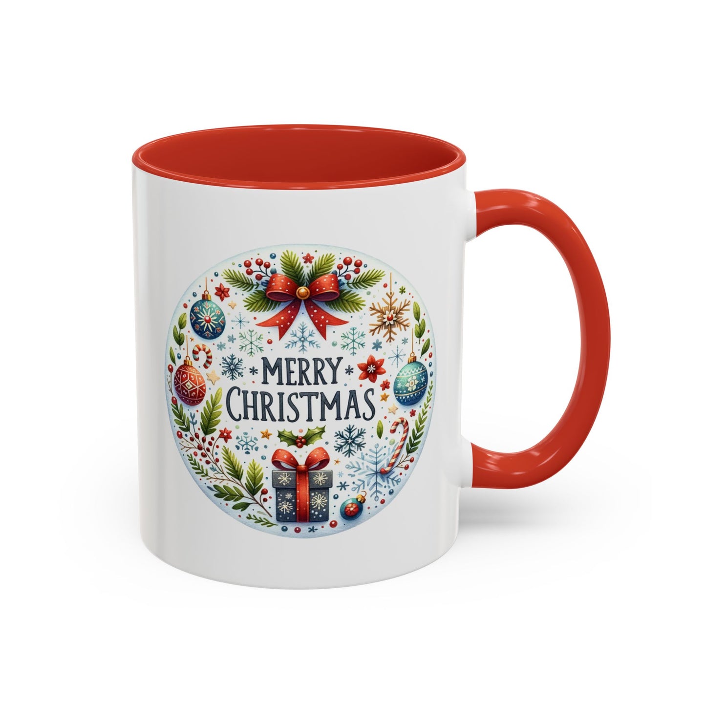 Christmas Mug - Merry Christmas Blue Text Bow Present Ornaments