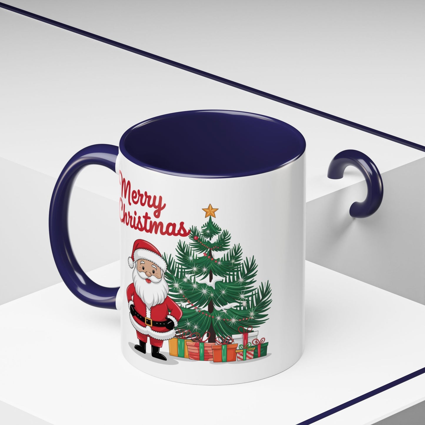 Christmas Mug - Merry Christmas Red Text Santa Tree Presents