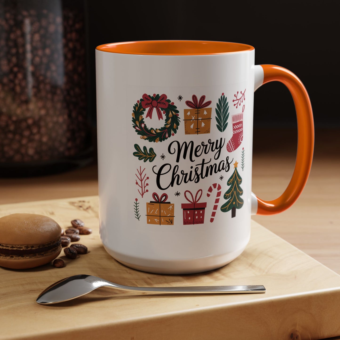 Christmas Mug - Merry Christmas Green Text Presents Tree Candy Cane