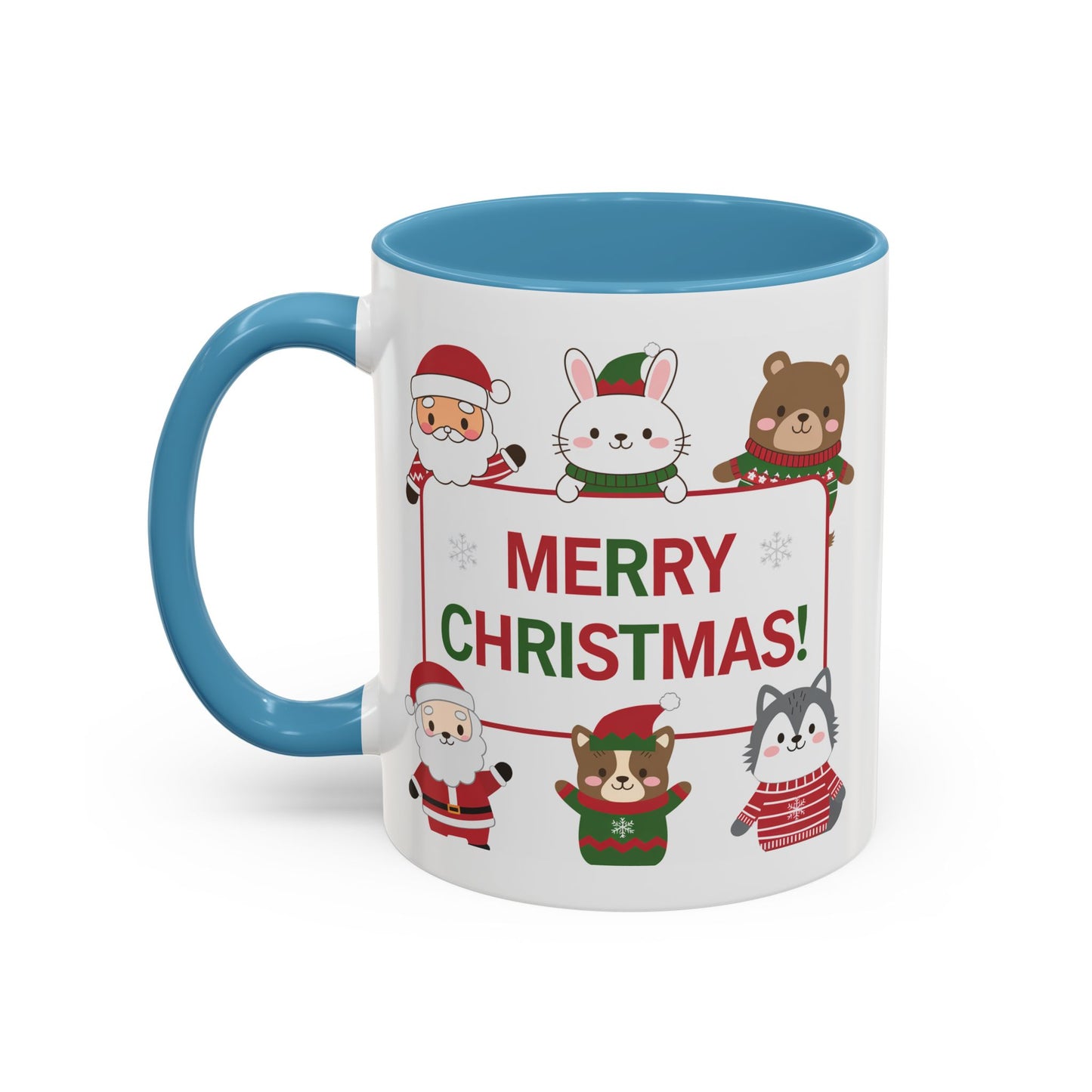 Christmas Mug - Merry Christmas Red & Green Text Santa Cute Animals