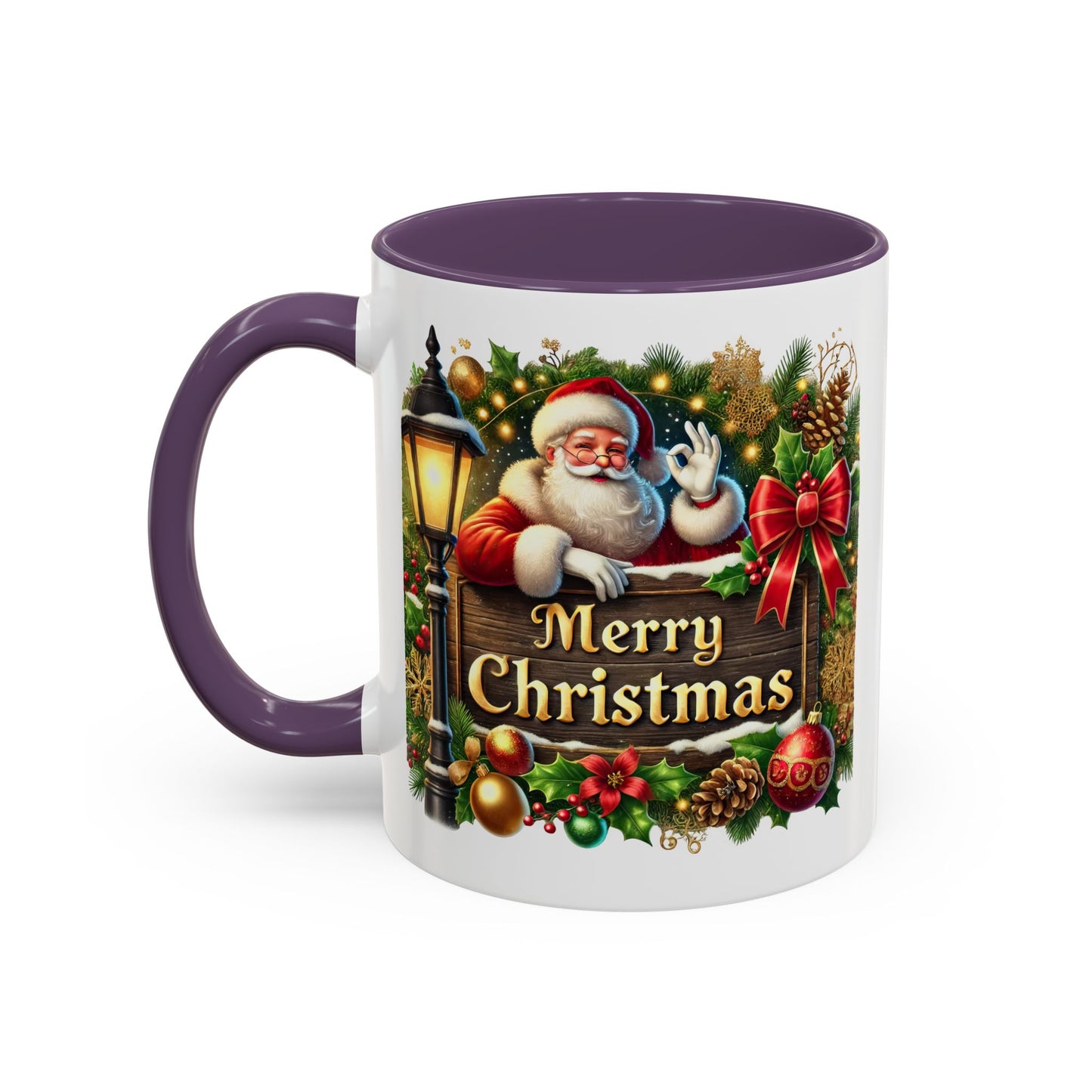 Christmas Mug - Merry Christmas Cream Text Santa Ok Light Bow Ornaments