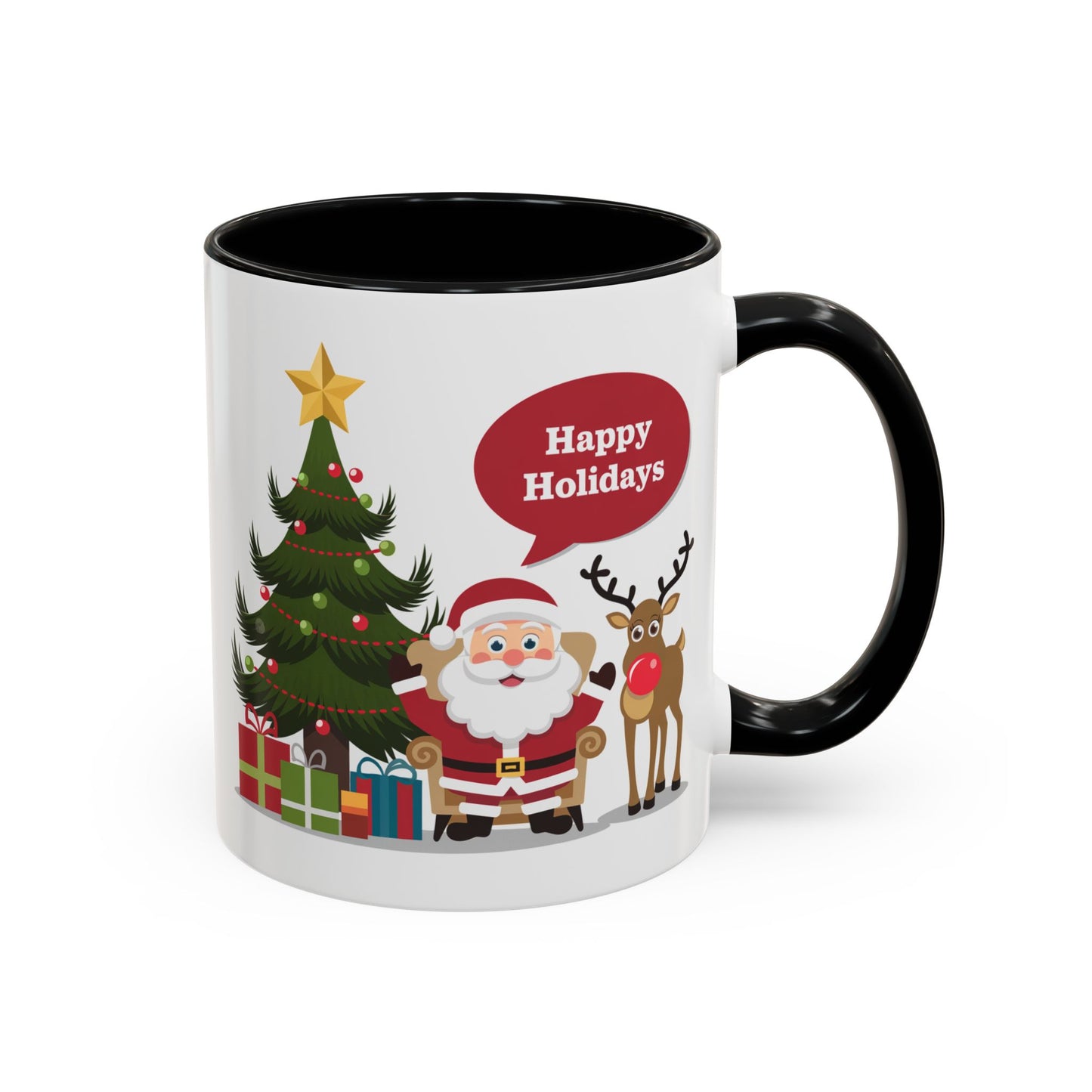 Christmas Mug - Happy Holidays Callout Santa Tree Presents Reindeer