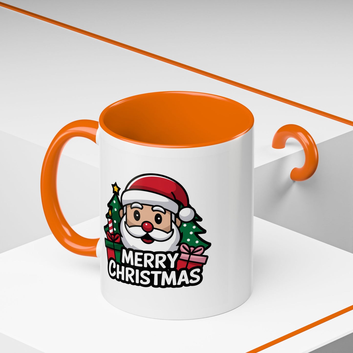 Christmas Mug - Merry Christmas White & Black Text Santa Trees Presents