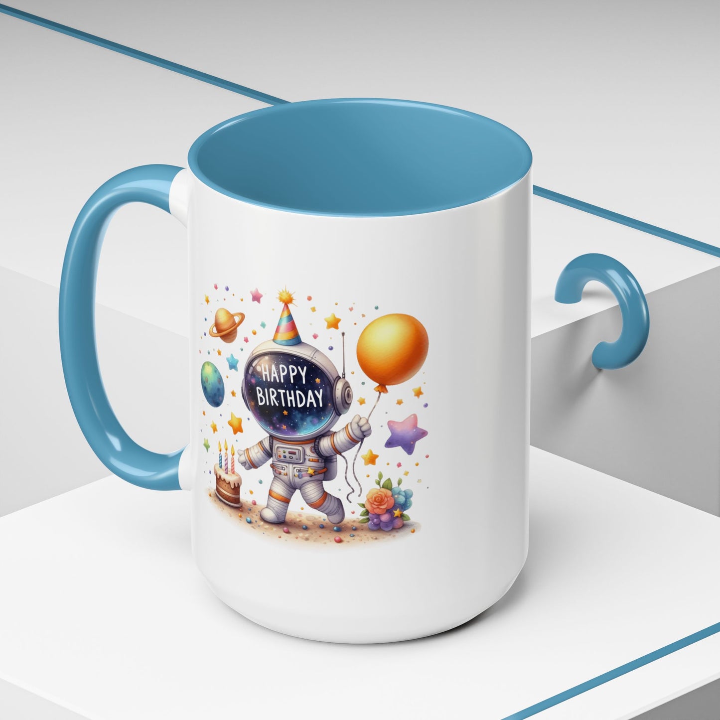 Birthday Mug - Happy Birthday Astronaut, Cake & Balloon
