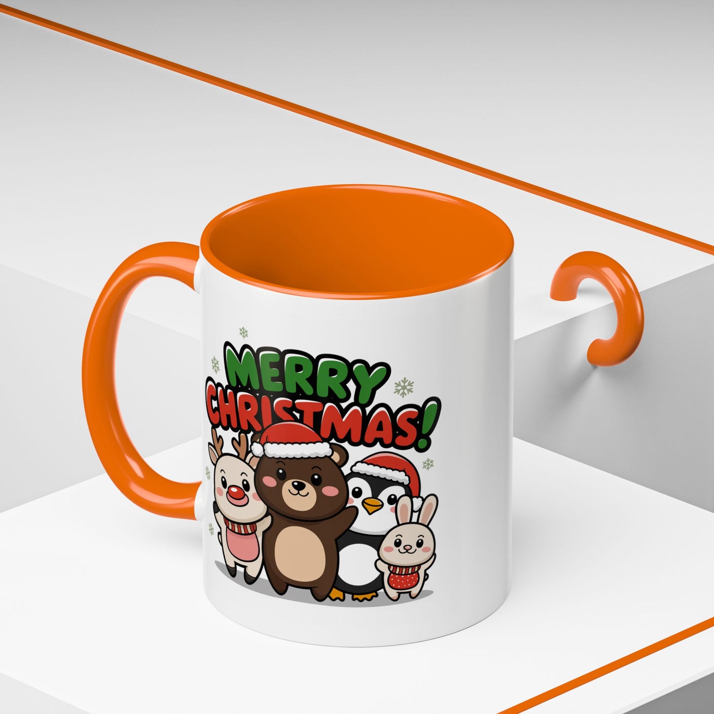 Christmas Mug - Merry Christmas Green & Red Text Cute Animals