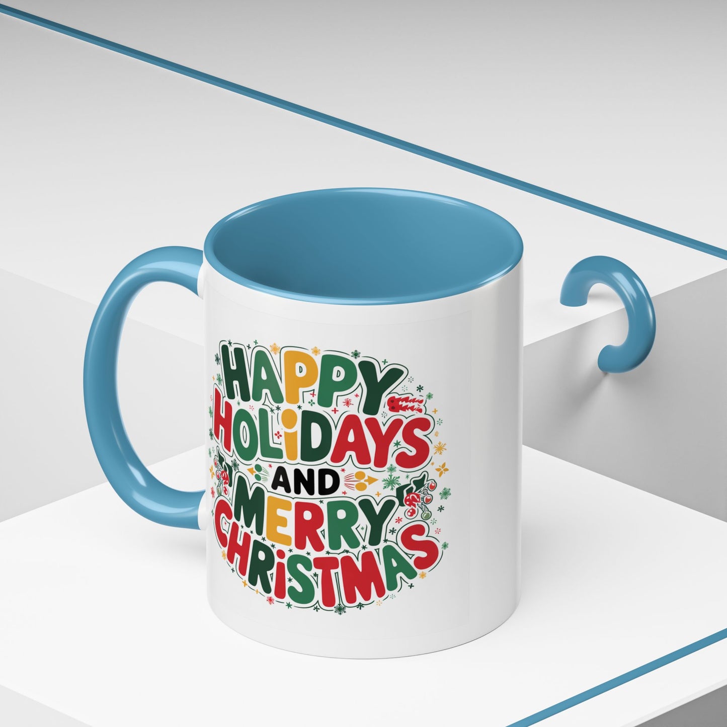 Christmas Mug - Happy Holidays and Merry Christmas Blue Green Yellow Red Text