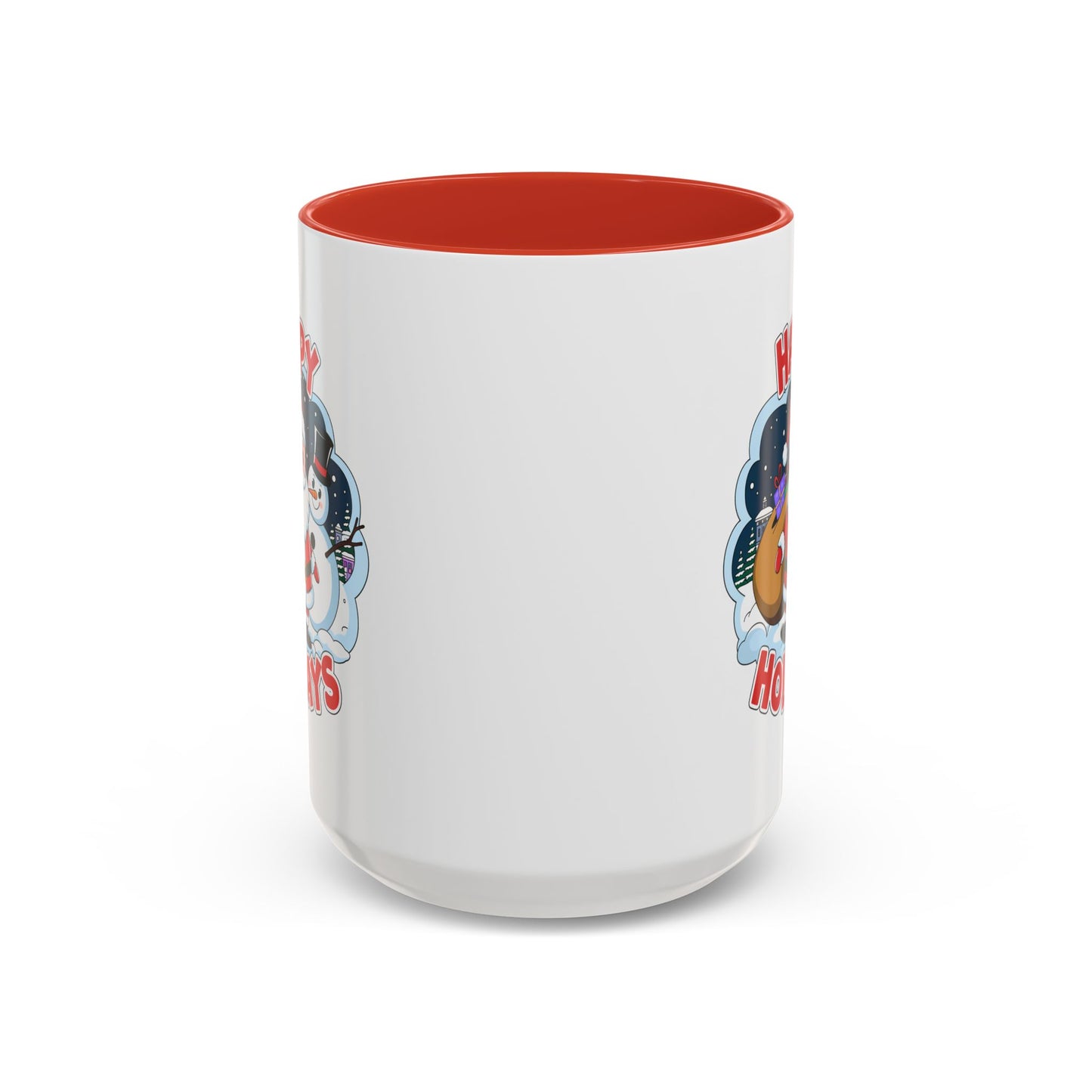 Christmas Mug - Happy Holidays Red & White Text Santa Snowman