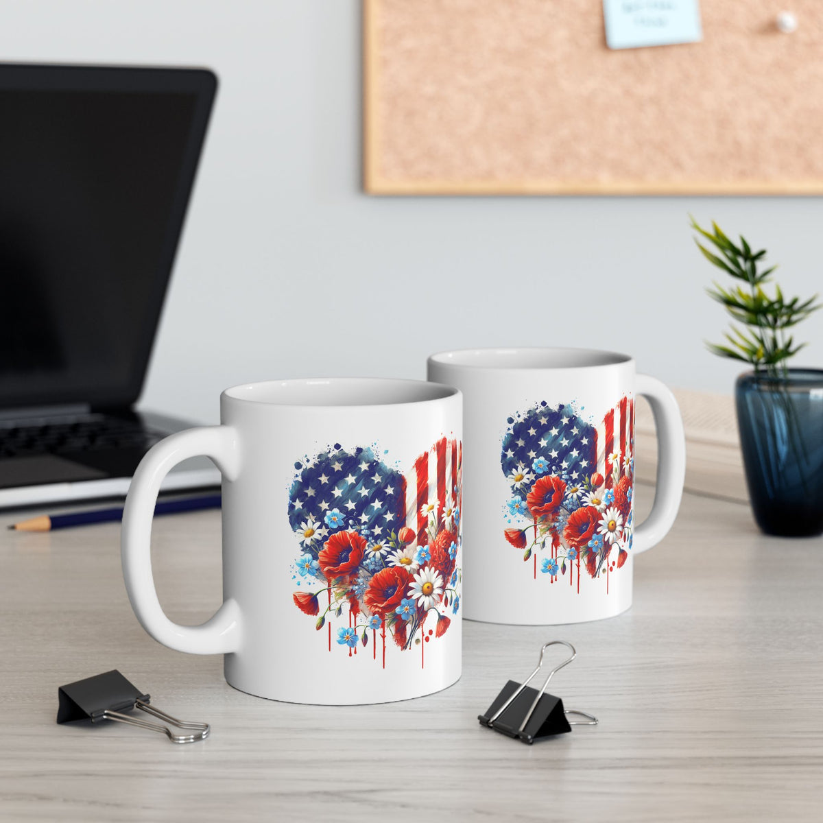 4th of July Mug - Patriotic USA Flowers Heart