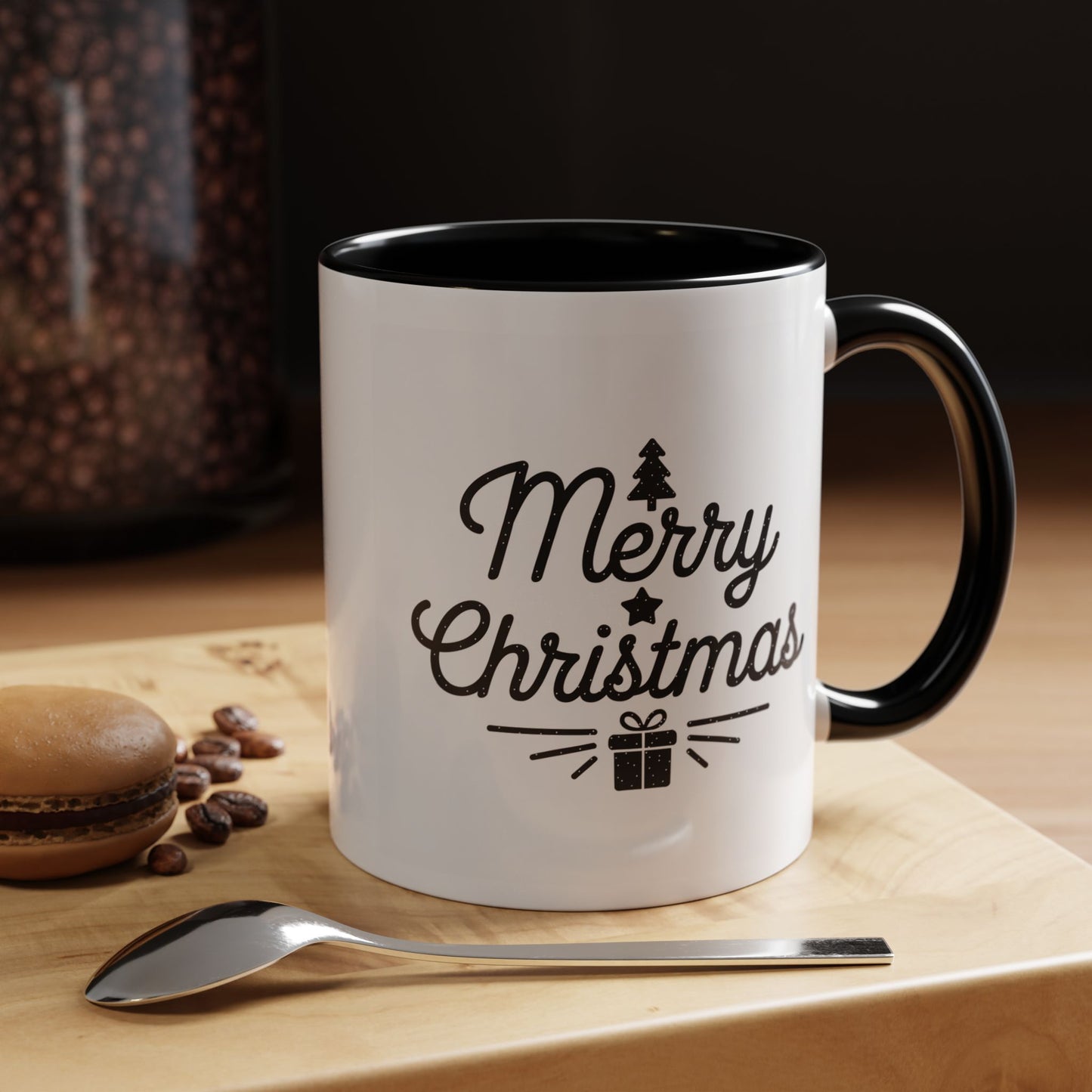Christmas Mug - Merry Christmas Black Text Tree Star Present