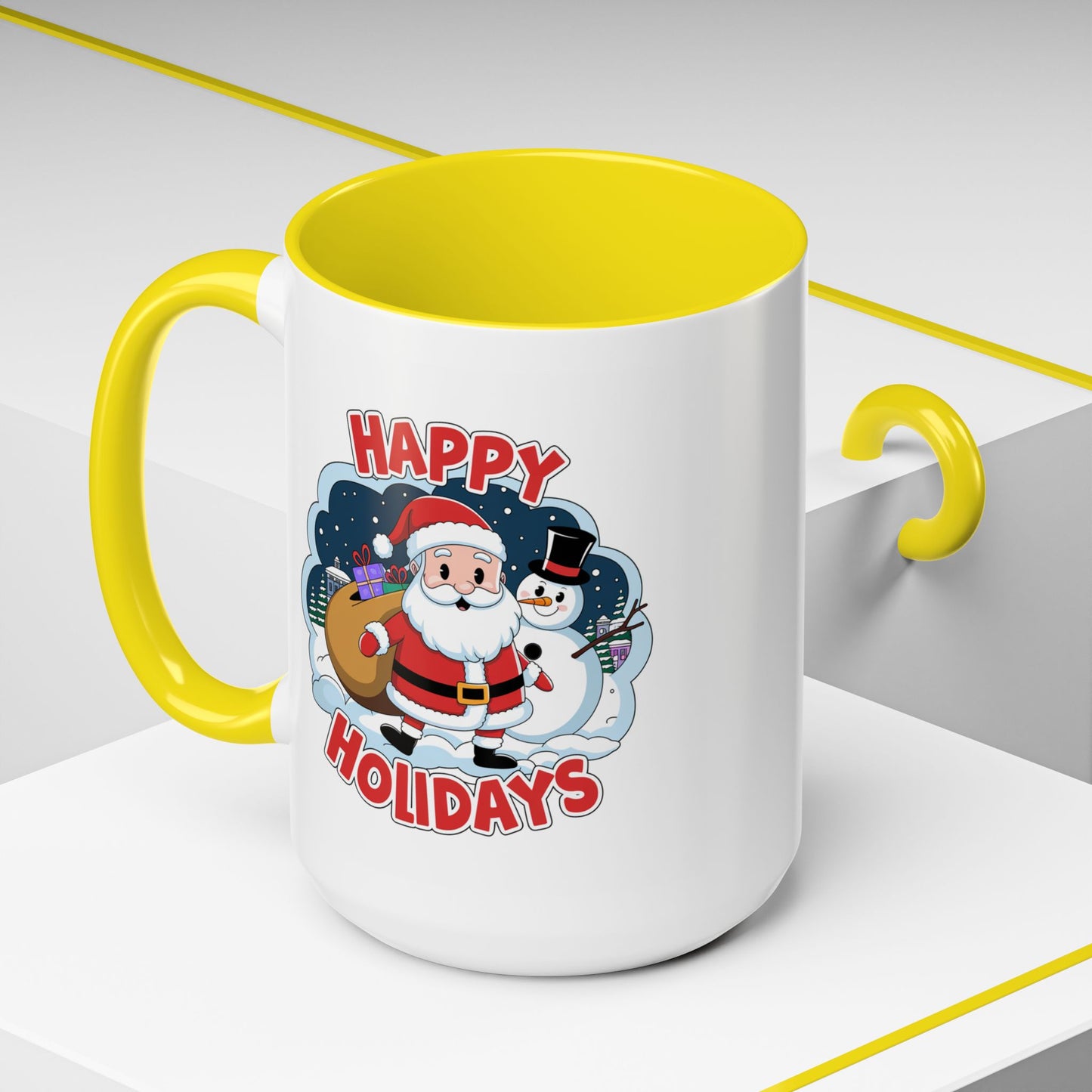 Christmas Mug - Happy Holidays Red & White Text Santa Snowman