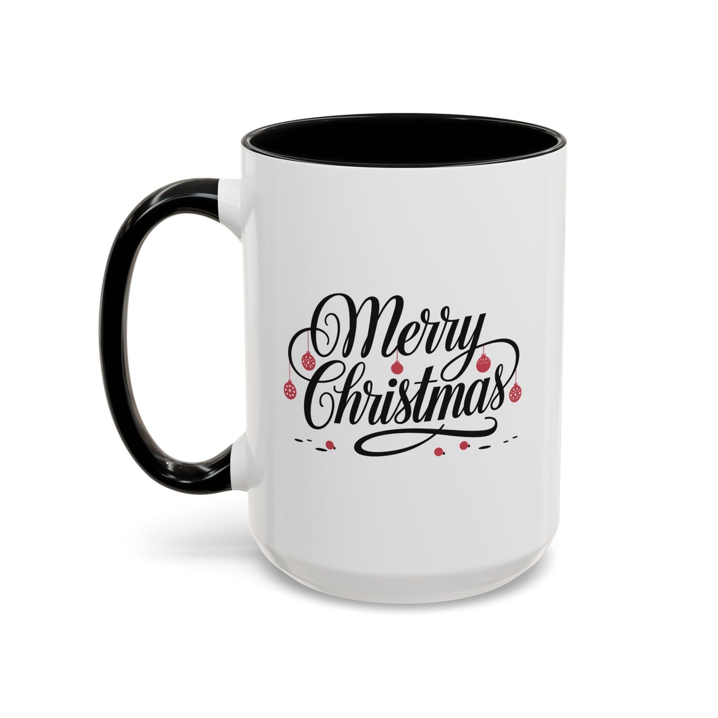 Christmas Mug - Merry Christmas Black Text Red Ornaments