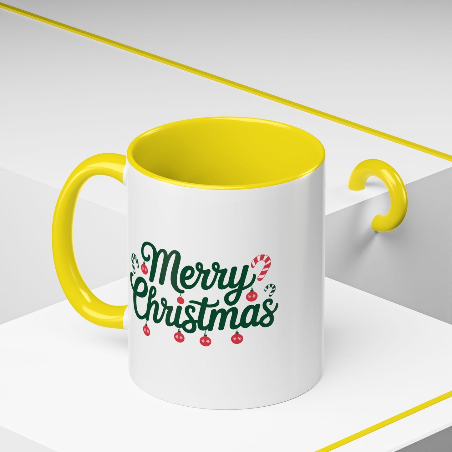 Christmas Mug - Merry Christmas Green Text Ornaments Candy Canes