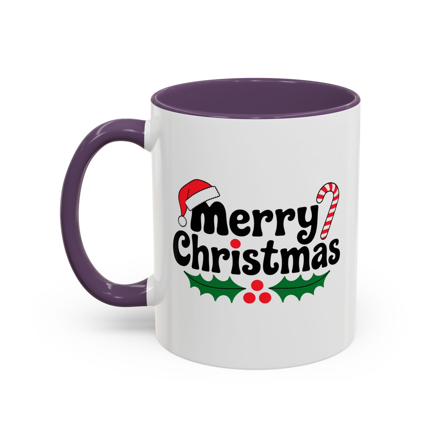 Christmas Mug - Merry Christmas Black Text Hat Cane Misletoe