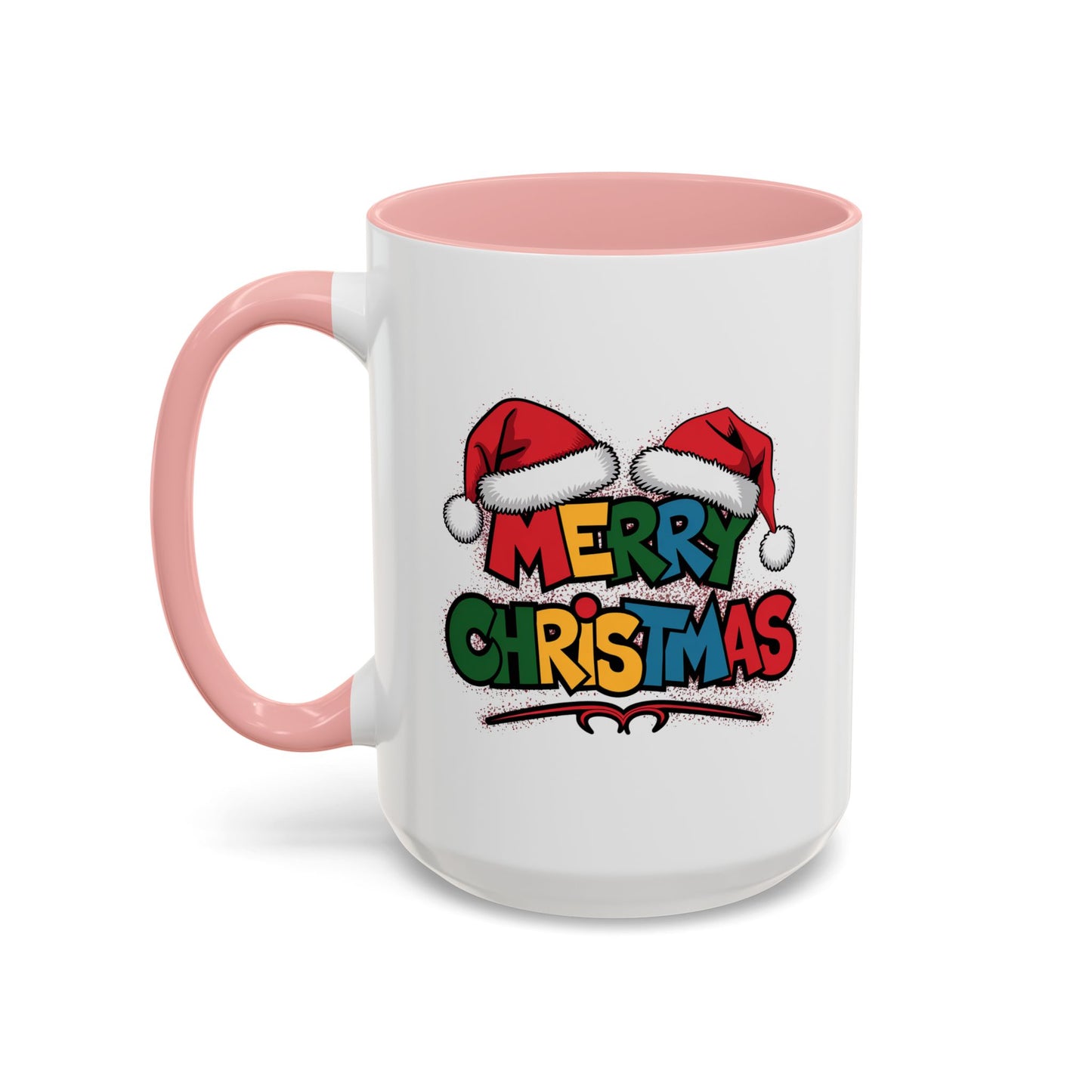 Christmas Mug - Merry Christmas Red Yellow & Blue Text Red Hats