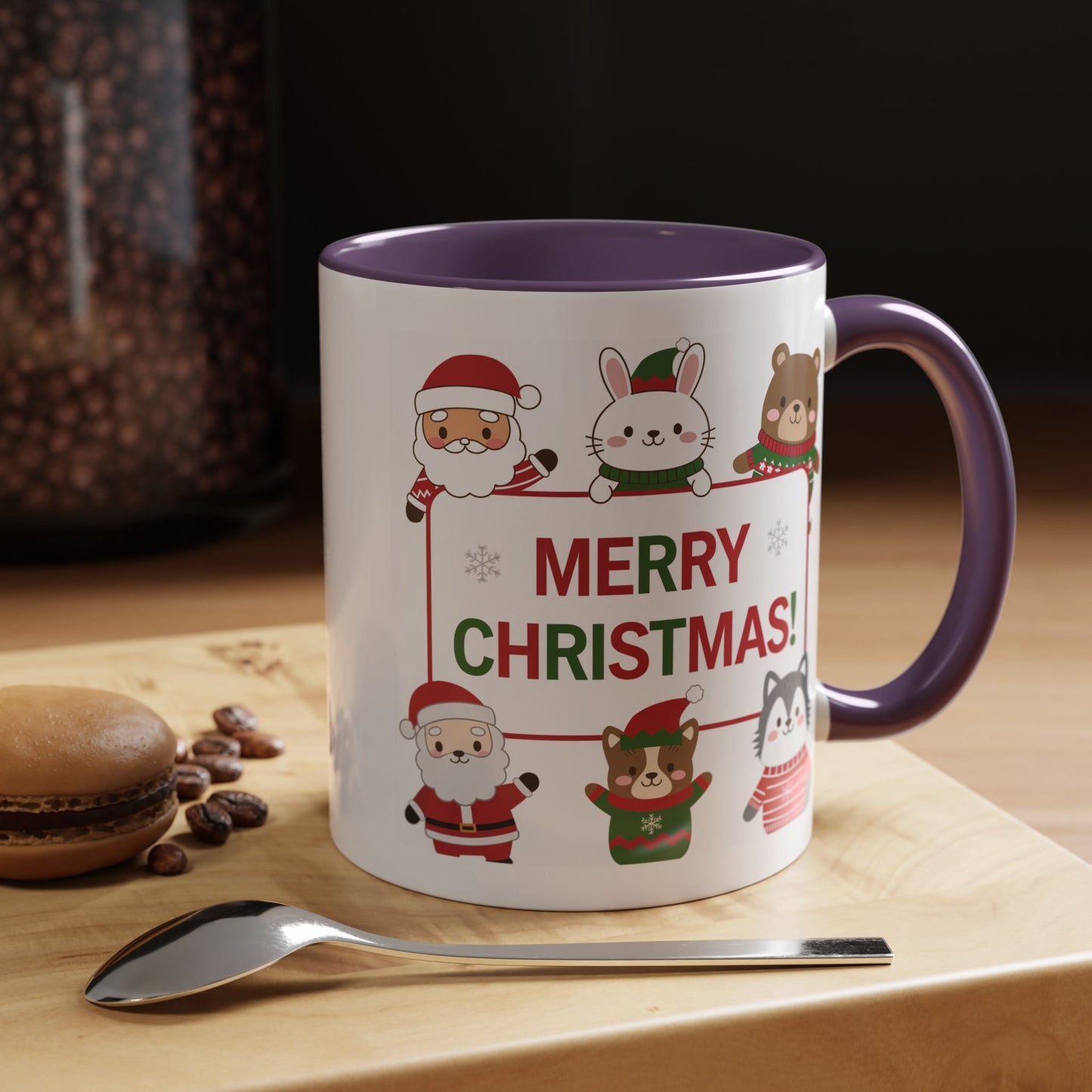 Christmas Mug - Merry Christmas Red & Green Text Santa Cute Animals