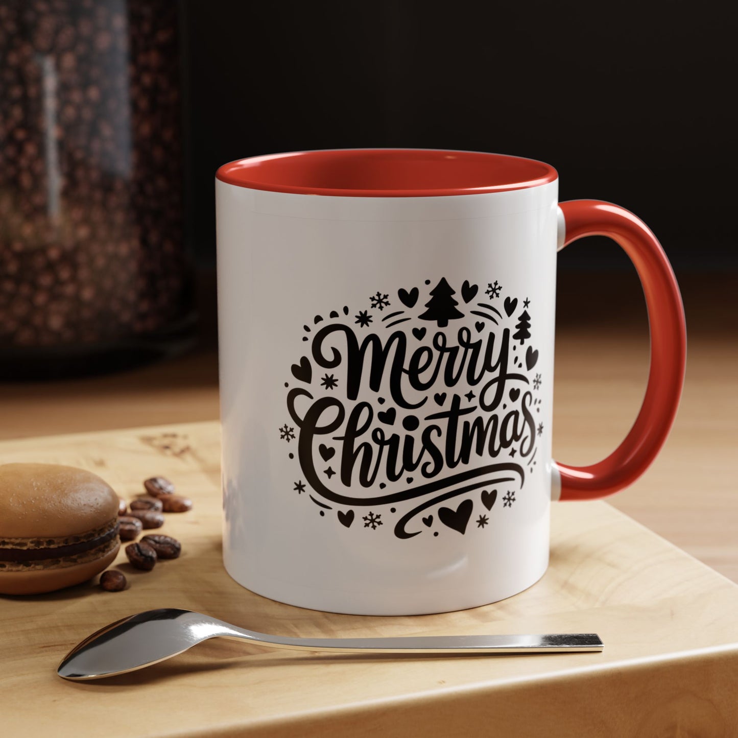 Christmas Mug - Merry Christmas Black Text Trees Snowflakes Hearts