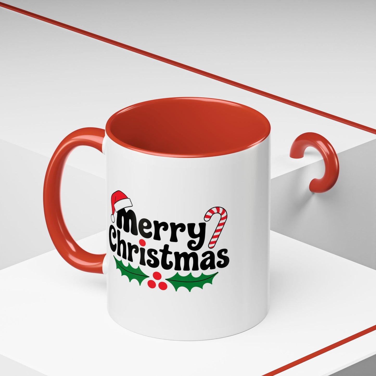 Christmas Mug - Merry Christmas Black Text Hat Cane Misletoe