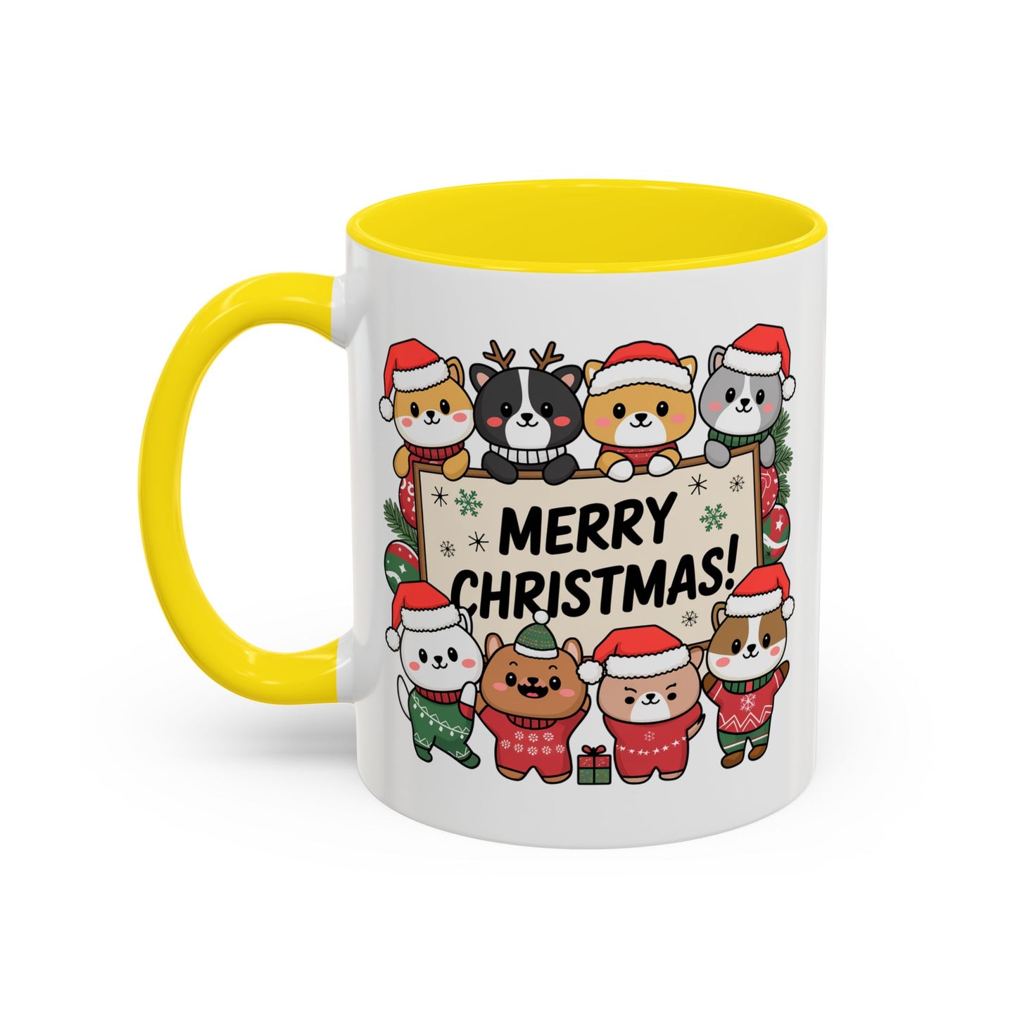 Christmas Mug - Merry Christmas Black Text Cute Animals