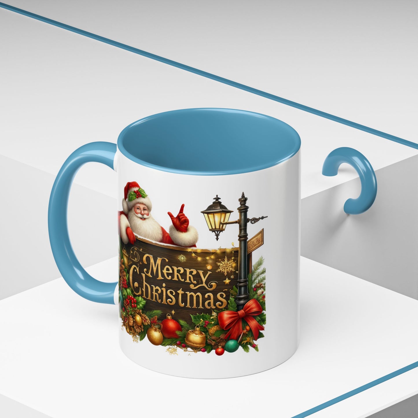 Christmas Mug - Merry Christmas Gold Text Santa Point Ornaments
