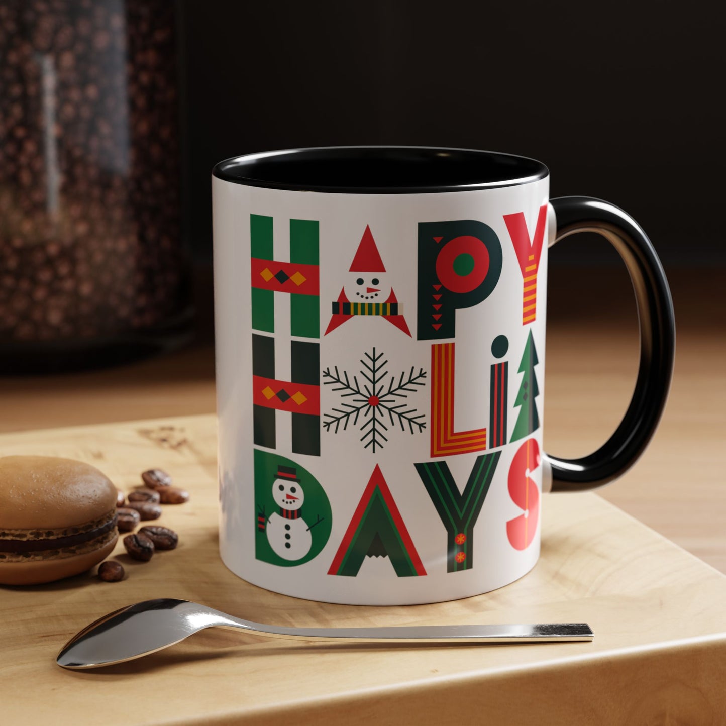 Christmas Mug - Happy Holidays Green Red & Blue Decorative Text
