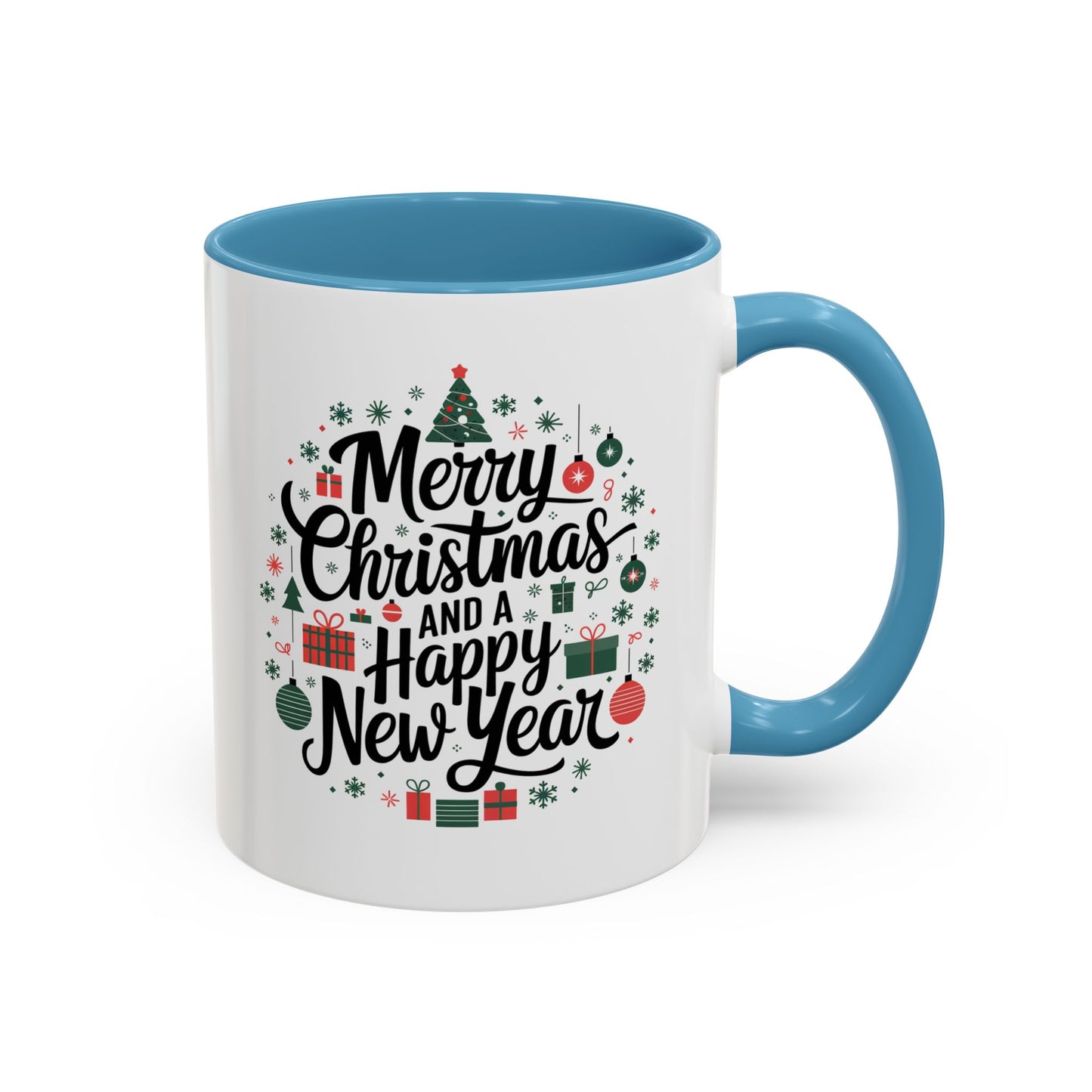 Christmas Mug - Merry Christmas and a Happy New Year Black Text Tree Ornaments Presents