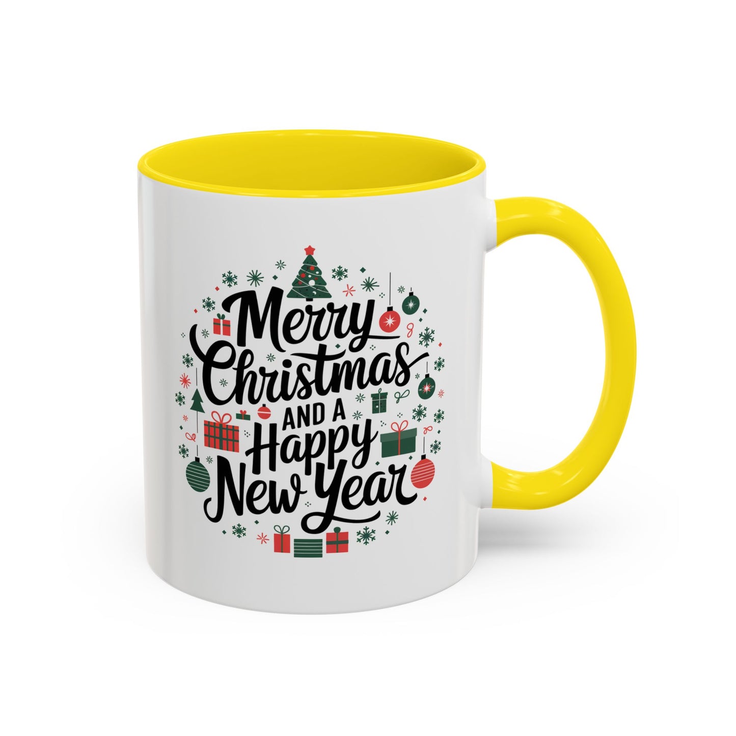 Christmas Mug - Merry Christmas and a Happy New Year Black Text Tree Ornaments Presents