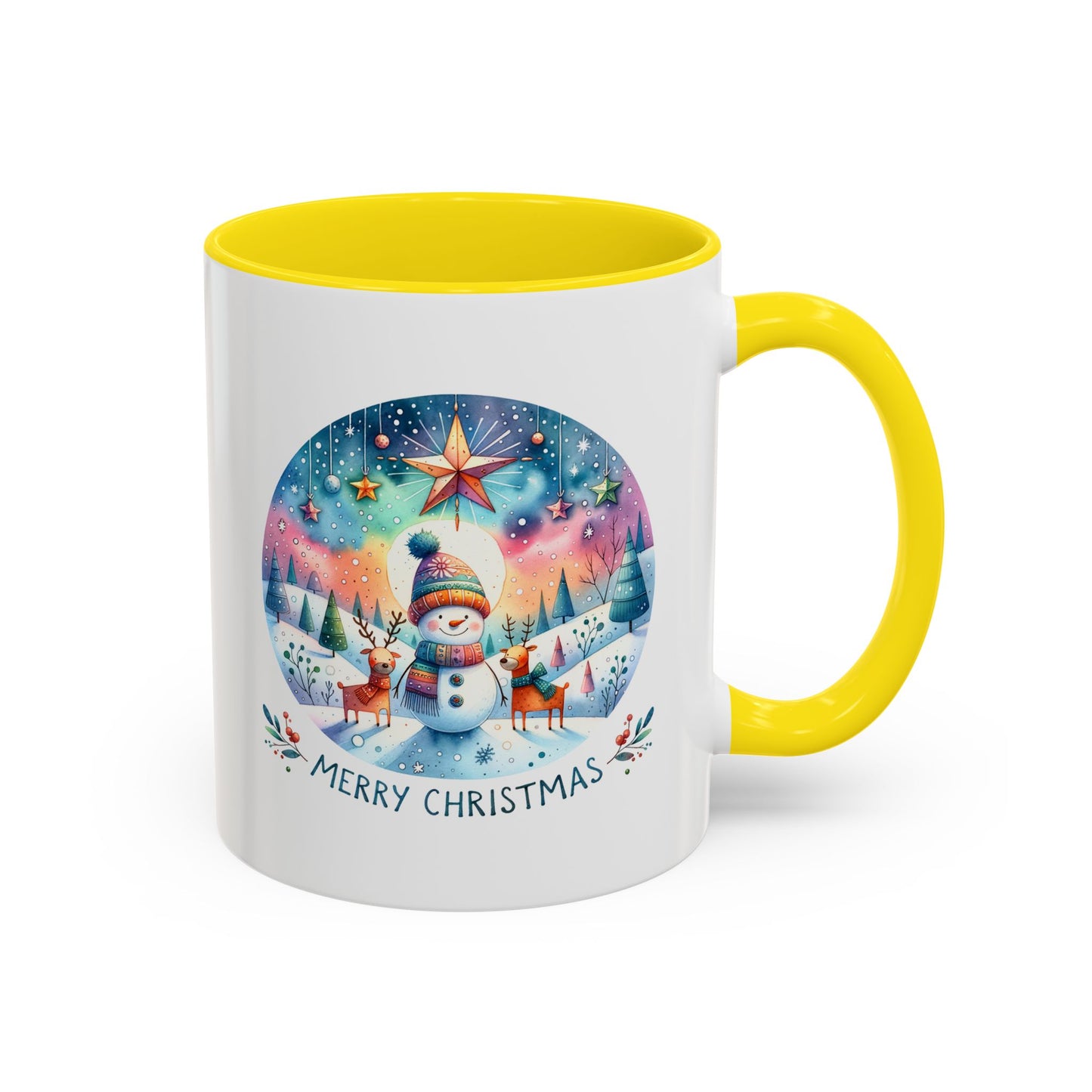 Christmas Mug - Merry Christmas Blue Text Snowman Star Reindeer