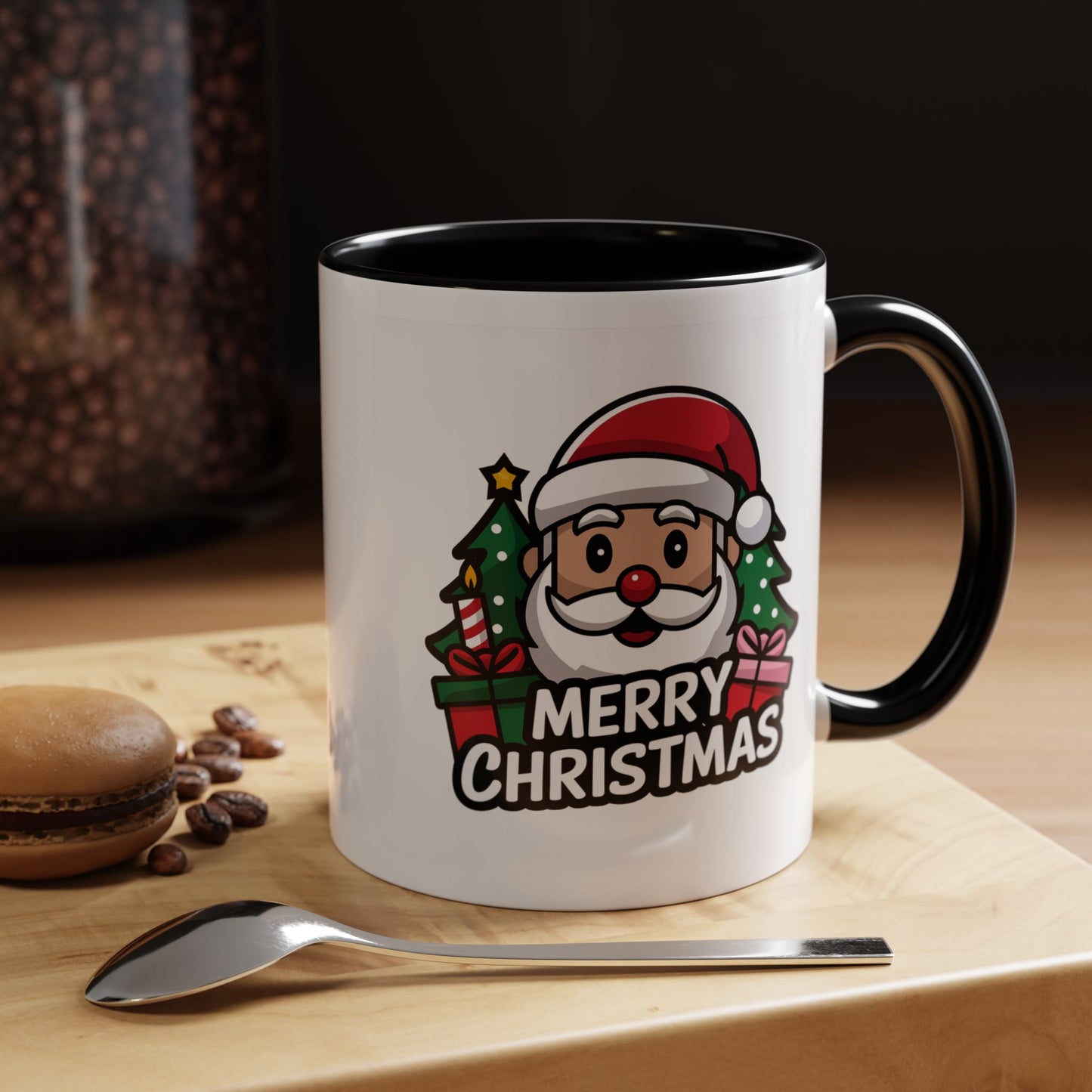 Christmas Mug - Merry Christmas White & Black Text Santa Trees Presents