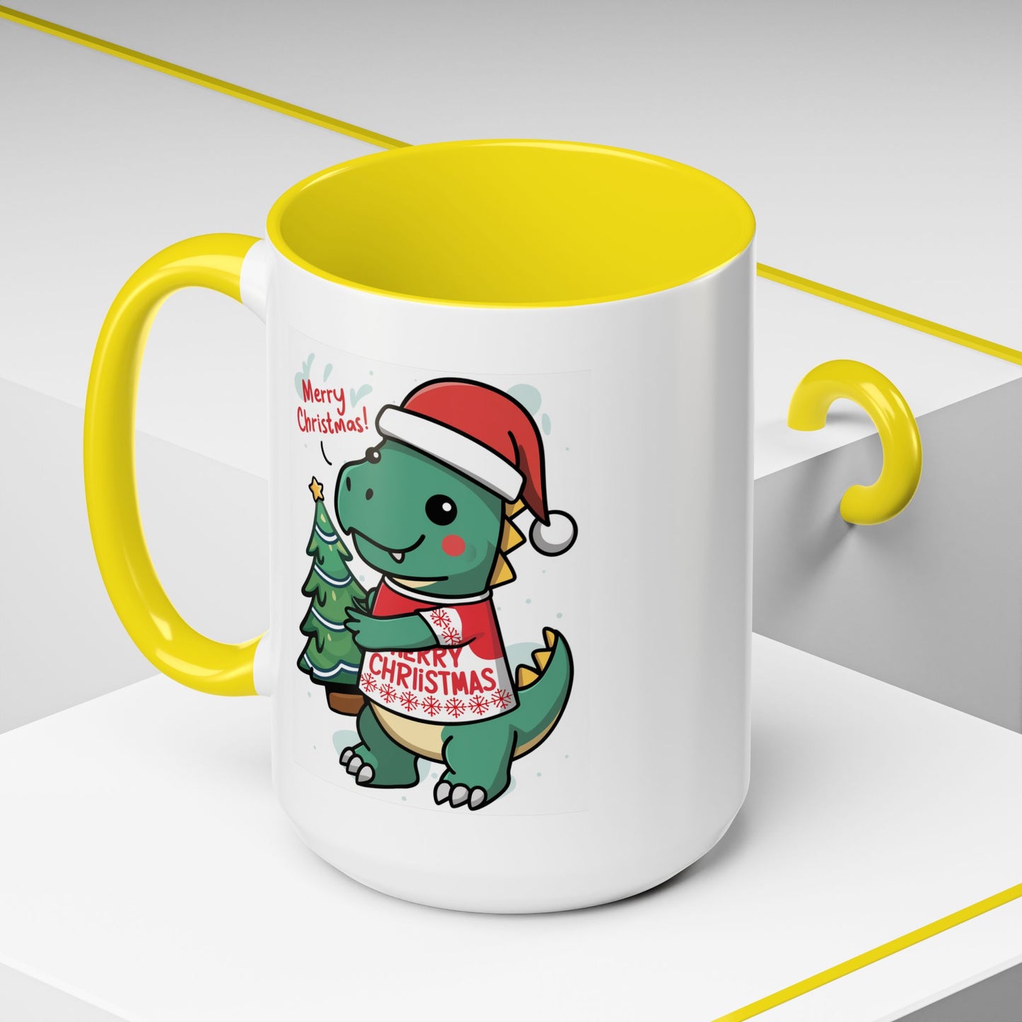 Christmas Mug - Merry Christmas Red Text Dinosaur Tree