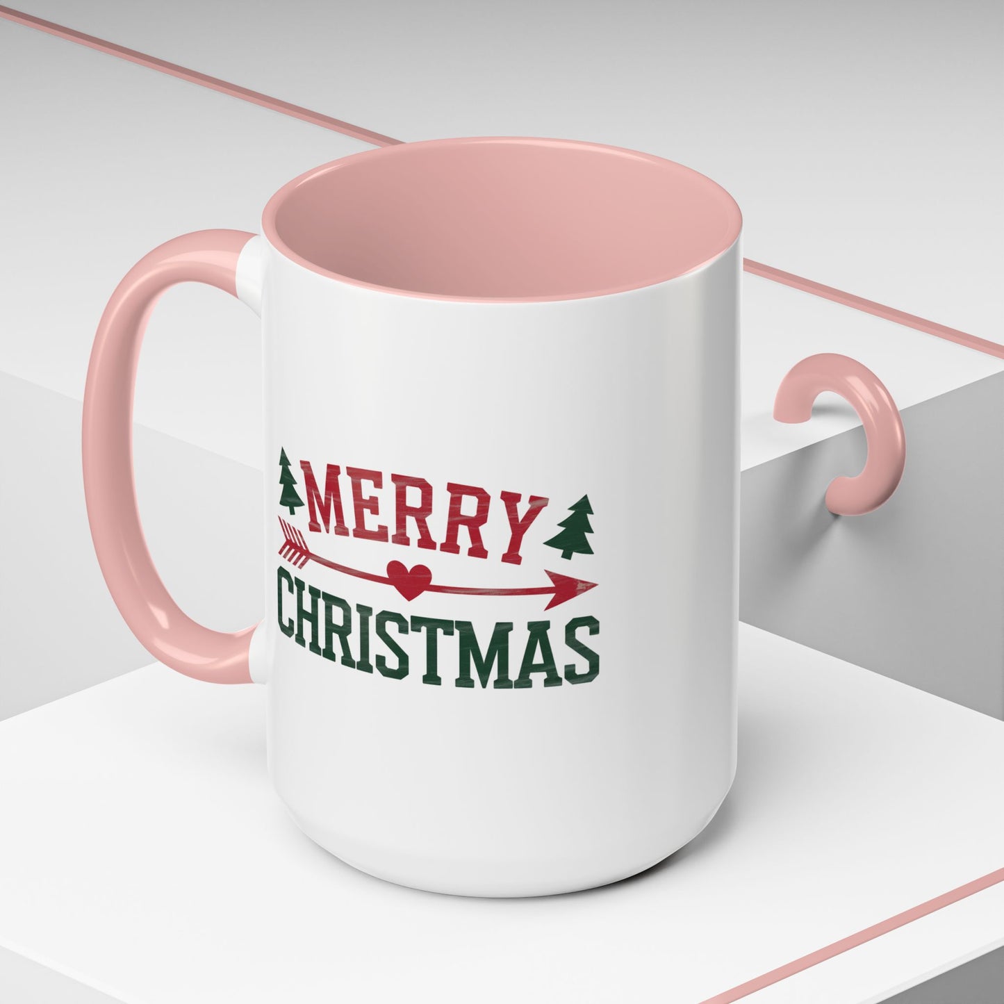 Christmas Mug - Merry Christmas Red & Green Text Heart Arrow Trees