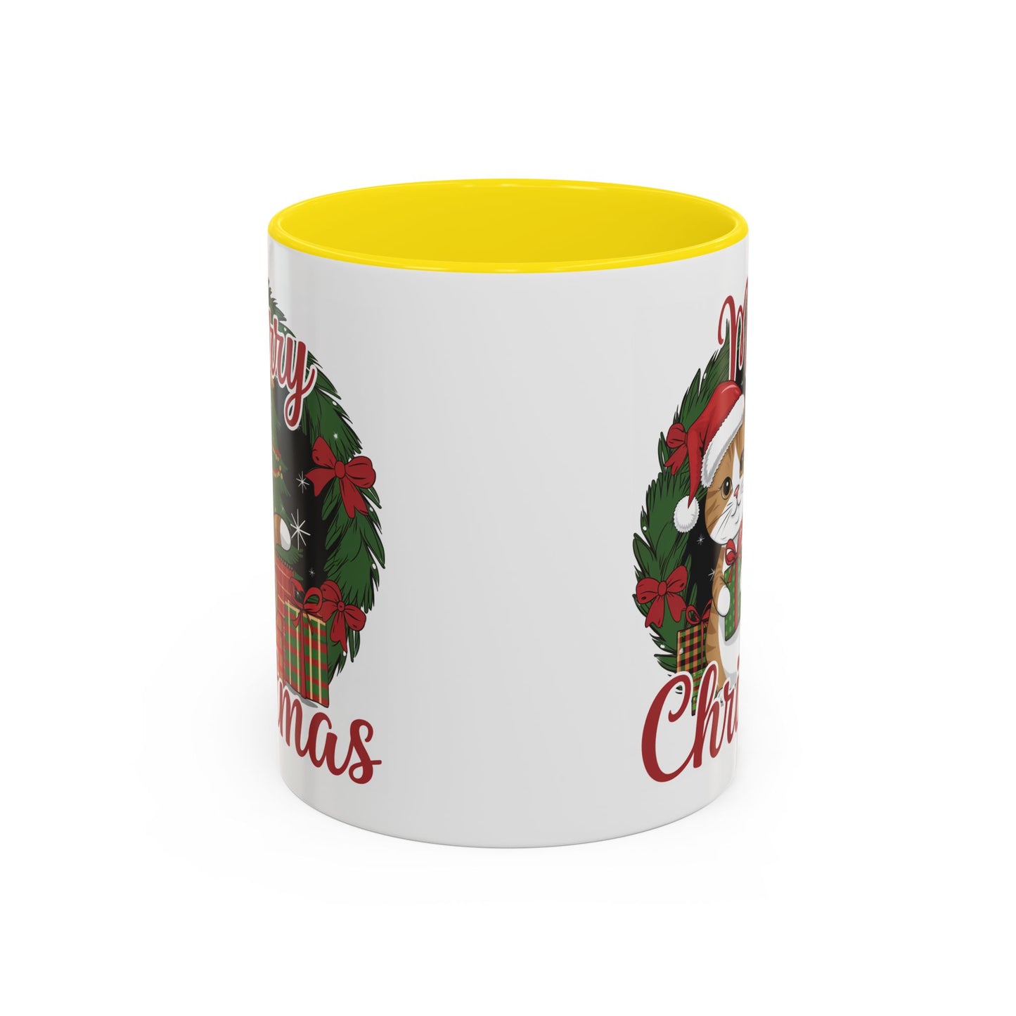 Christmas Mug - Merry Christmas Red Text Cat Presents Wreath