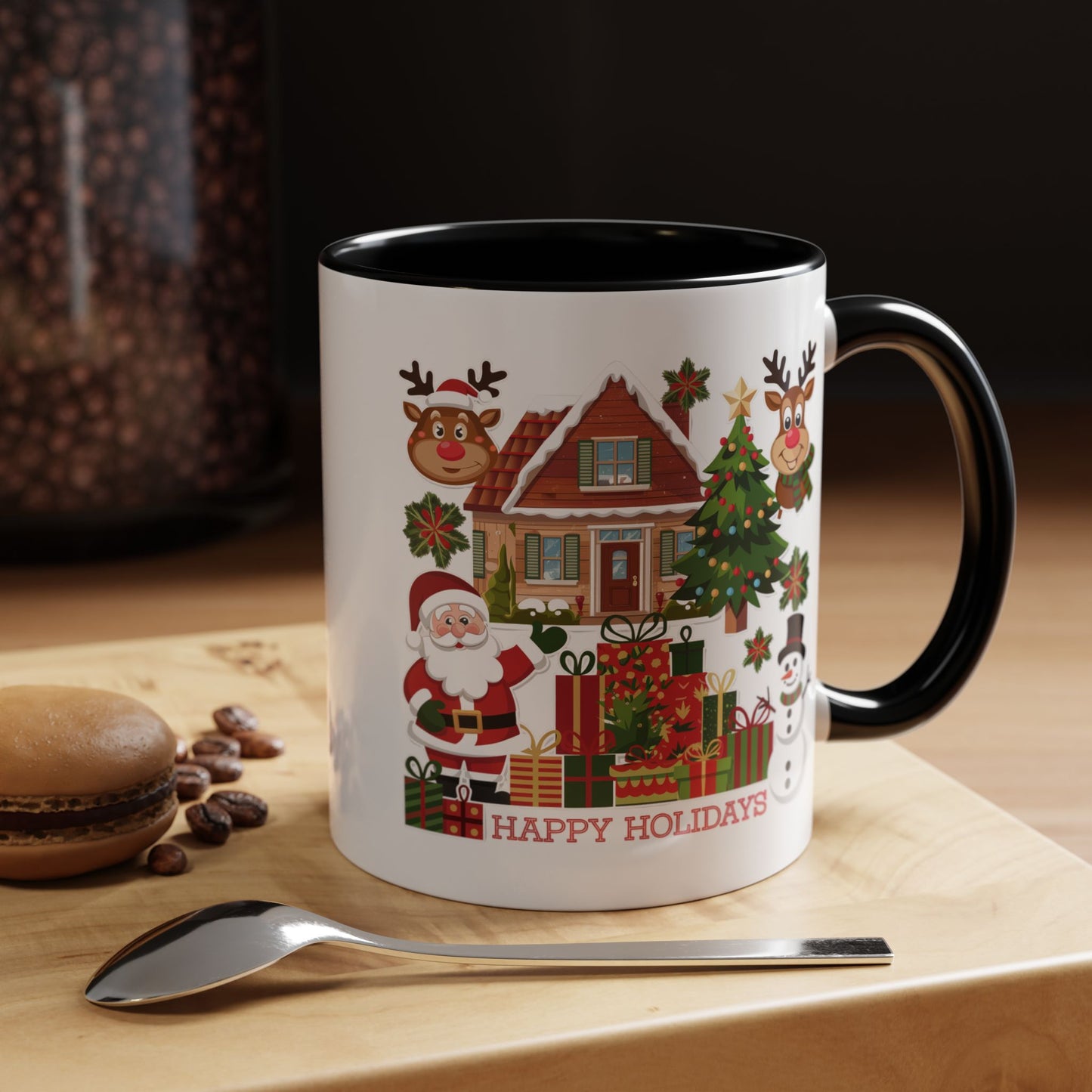Christmas Mug - Happy Holidays Red Text Reindeer Santa Snowman Presents