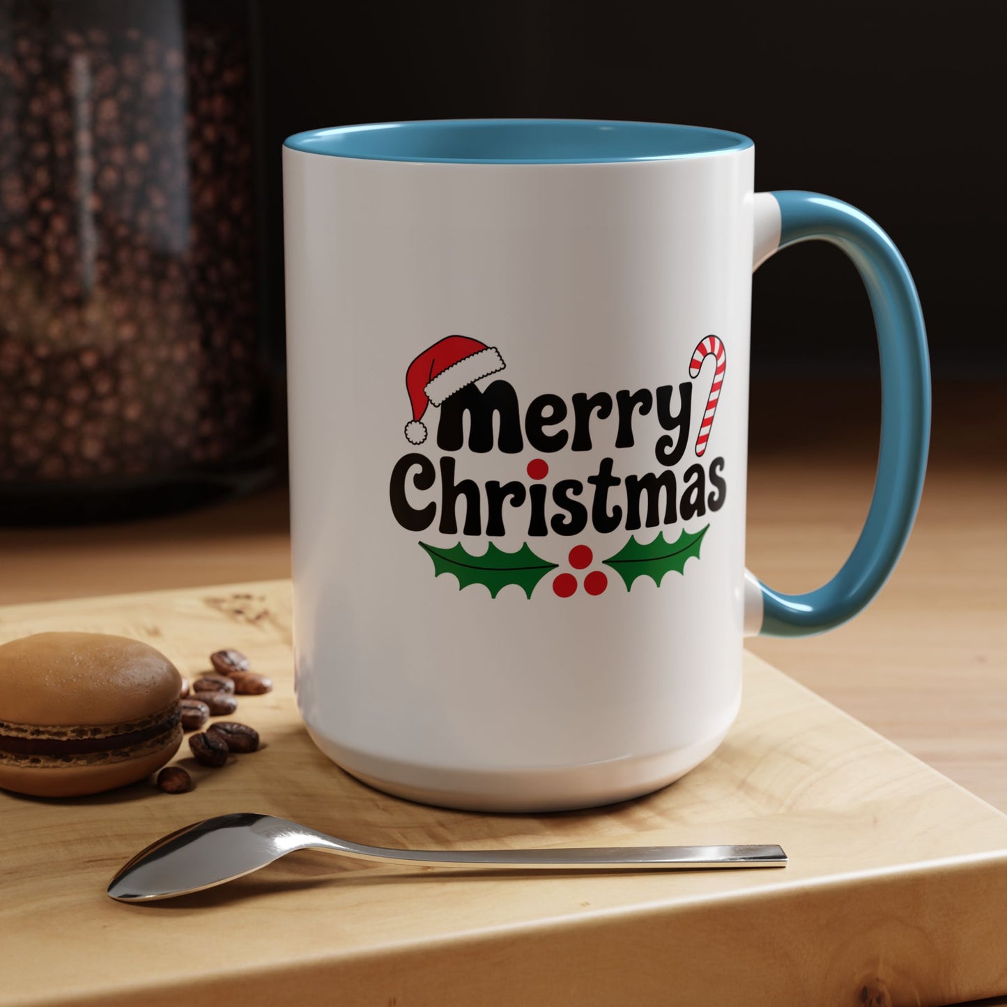Christmas Mug - Merry Christmas Black Text Hat Candy Cane Mistletoe