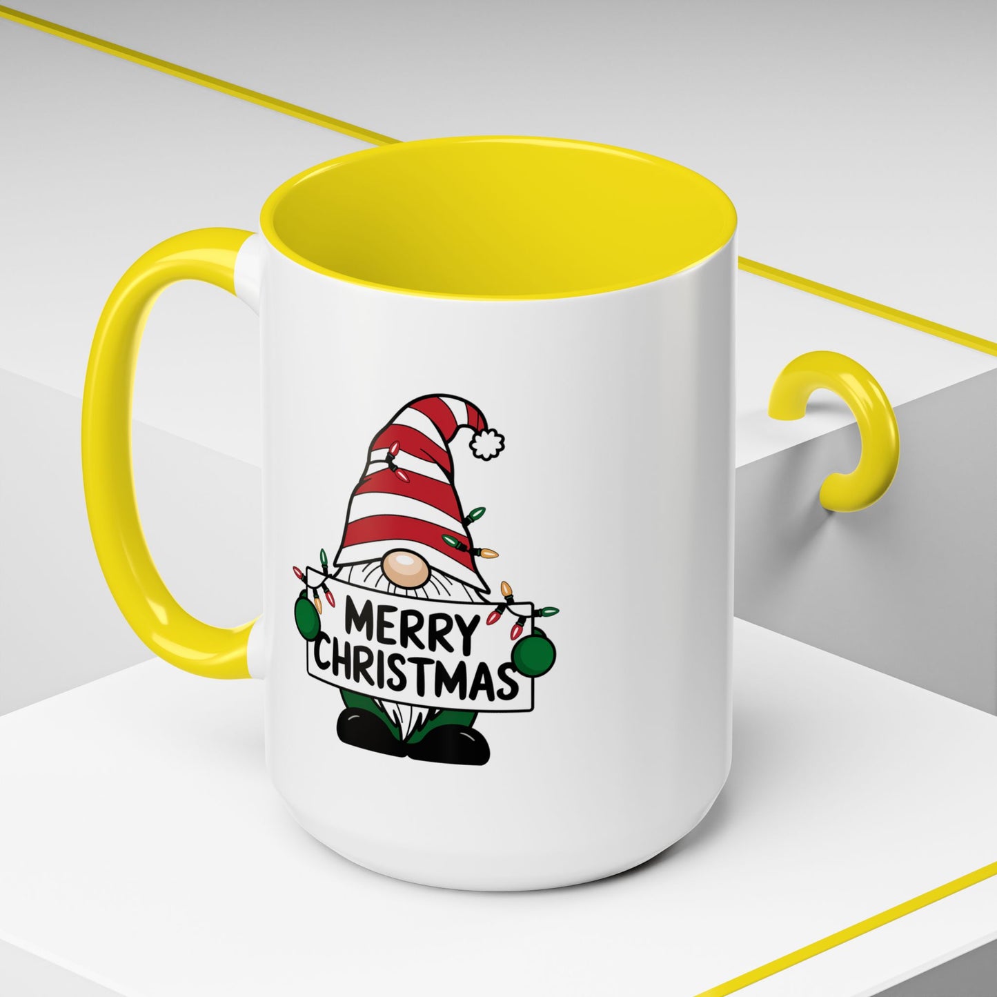 Christmas Mug - Merry Christmas Black Text Gnome Lights