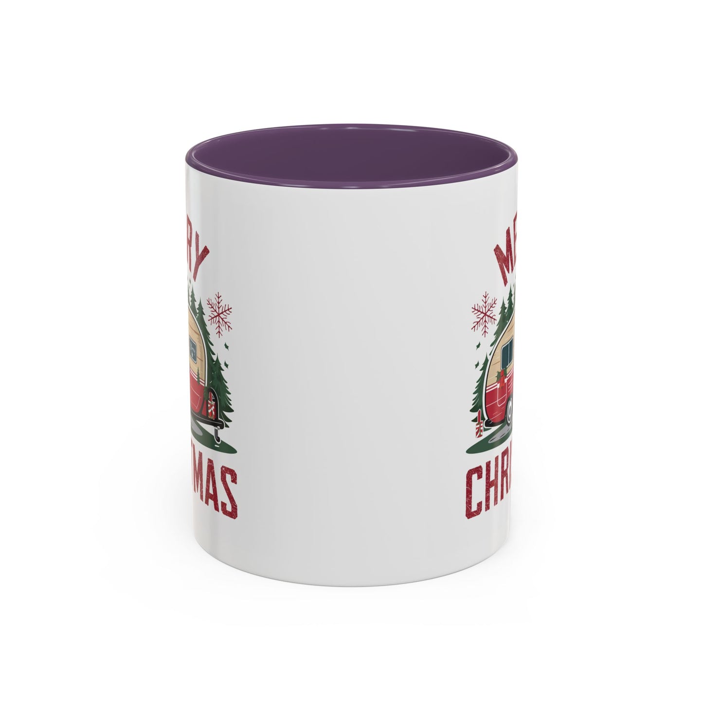 Christmas Mug - Merry Christmas Maroon Text Camper Trees Snowflakes