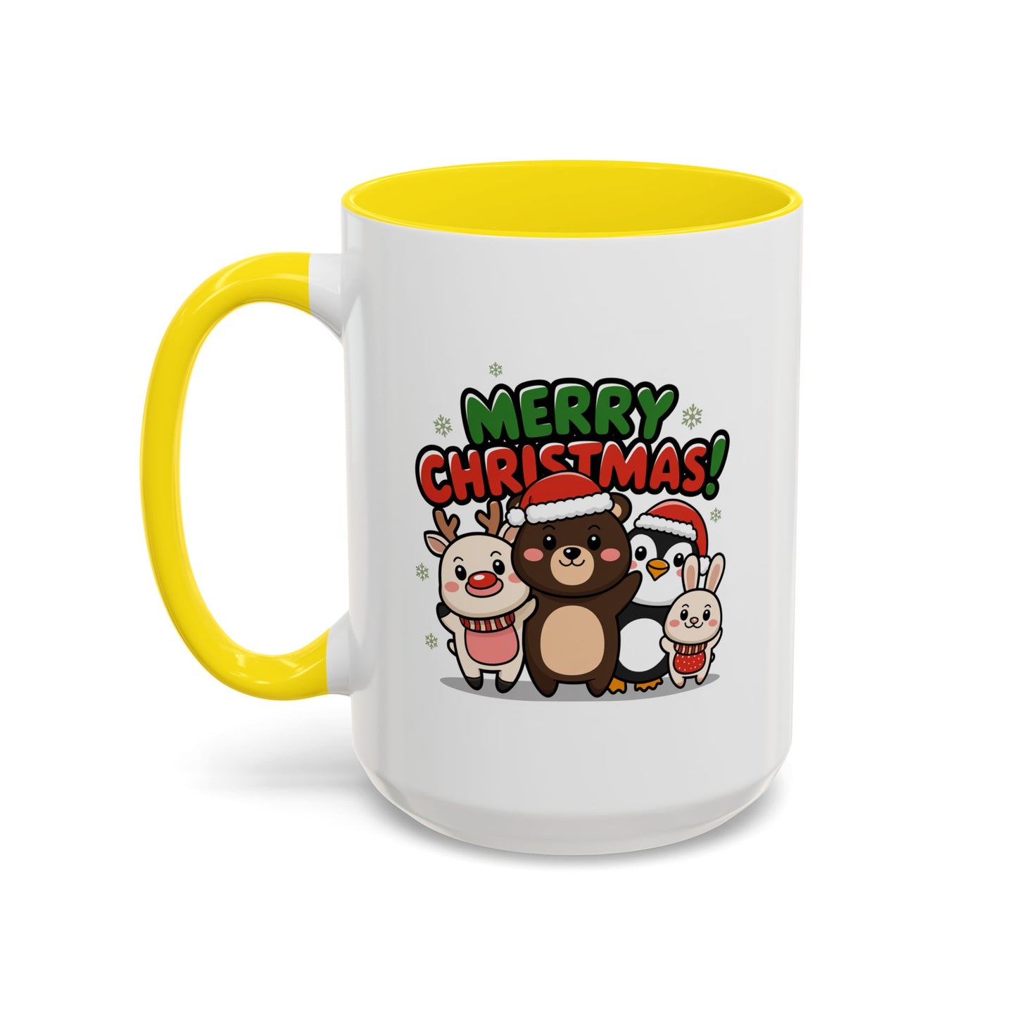 Christmas Mug - Merry Christmas Green & Red Text Cute Animals