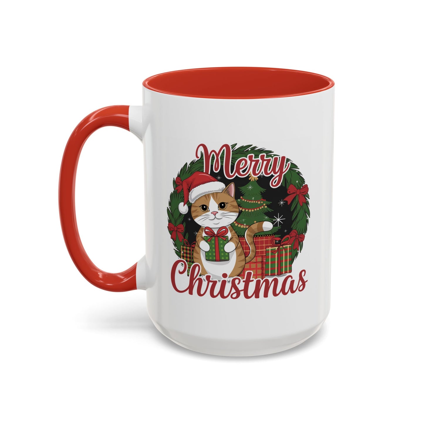 Christmas Mug - Merry Christmas Red Text Cat Presents Wreath
