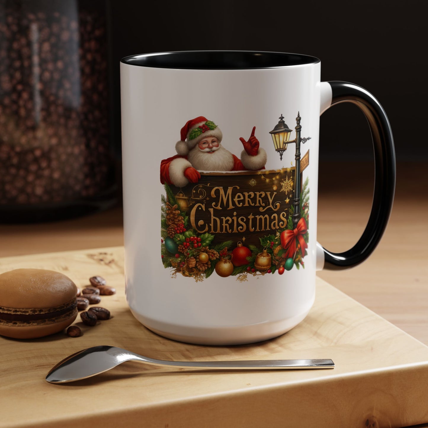 Christmas Mug - Merry Christmas Gold Text Santa Point Ornaments