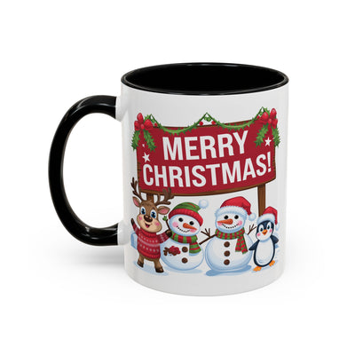 Christmas Mug - Merry Christmas White Text Reindeer Snowmen Penguin