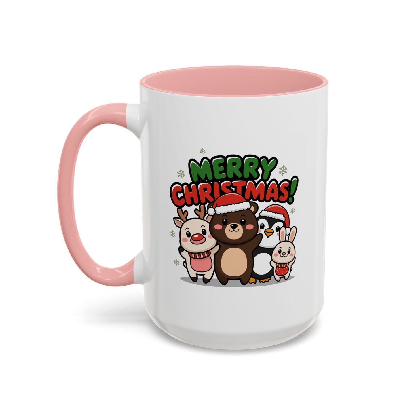 Christmas Mug - Merry Christmas Green & Red Text Cute Animals