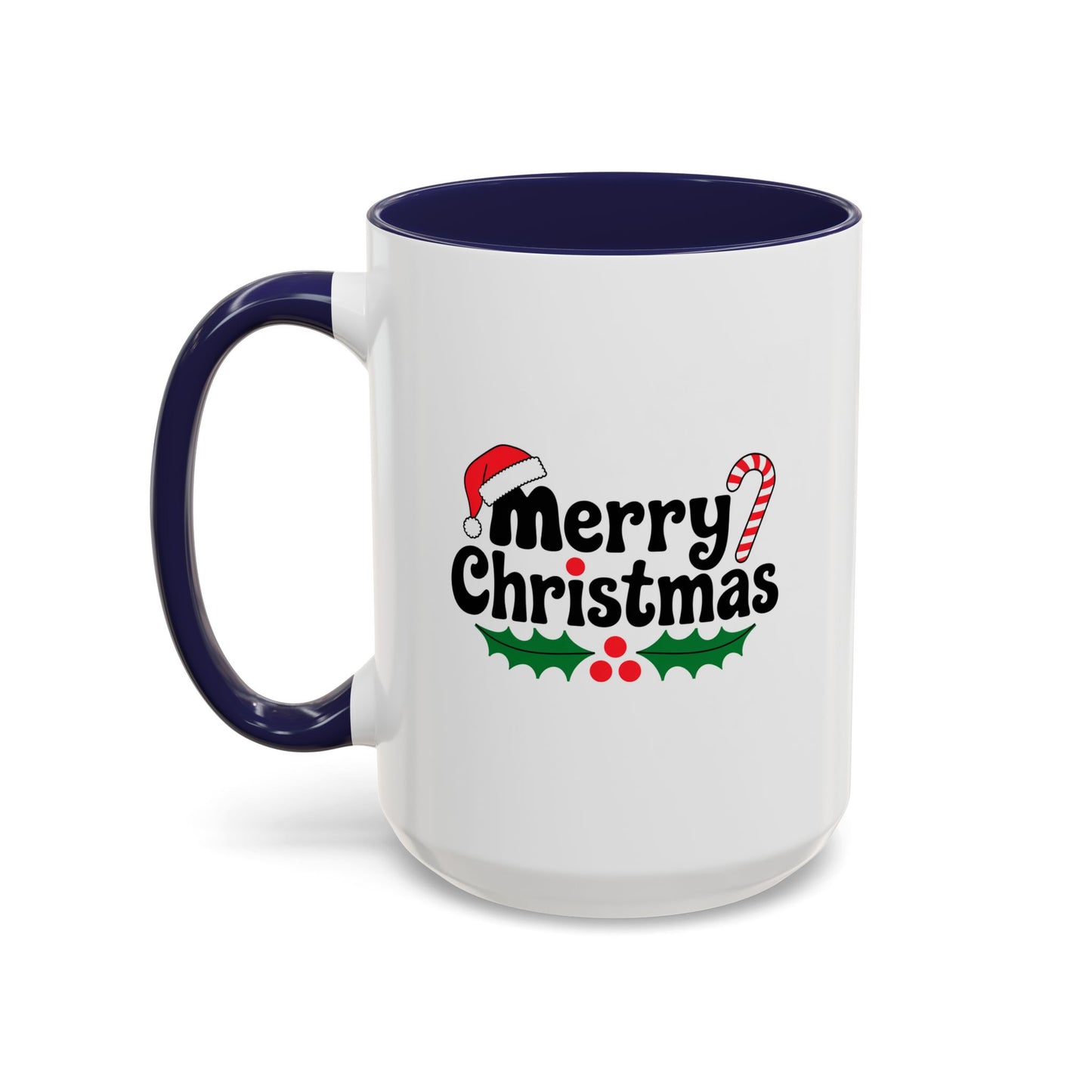 Christmas Mug - Merry Christmas Black Text Hat Cane Misletoe
