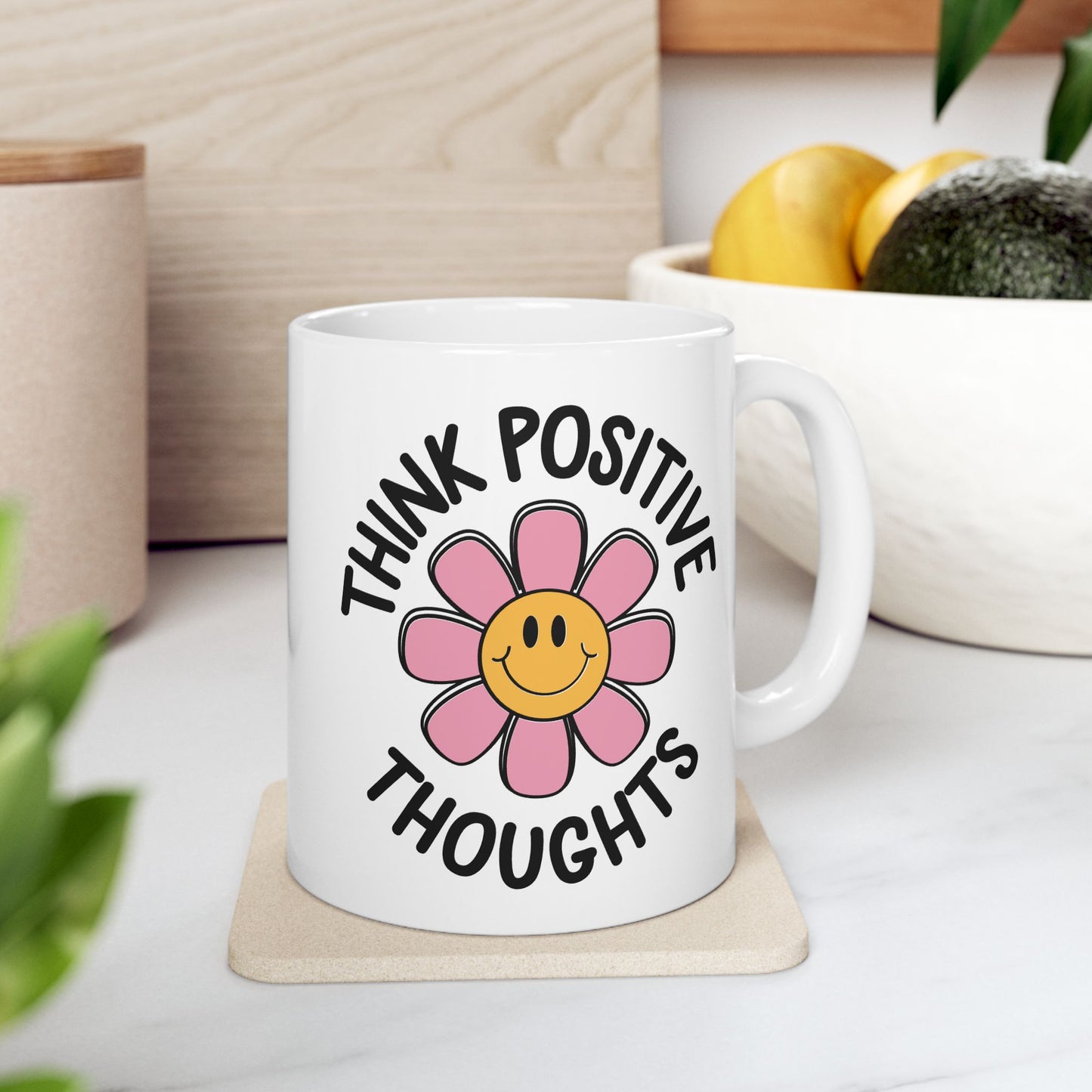 Motivation Mug - Think Positive Thoughts Retro Flower