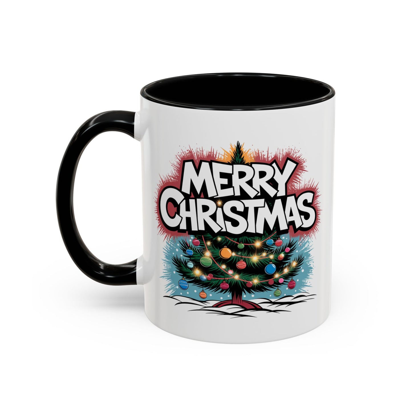 Christmas Mug - Merry Christmas White & Red Text Tree Lights