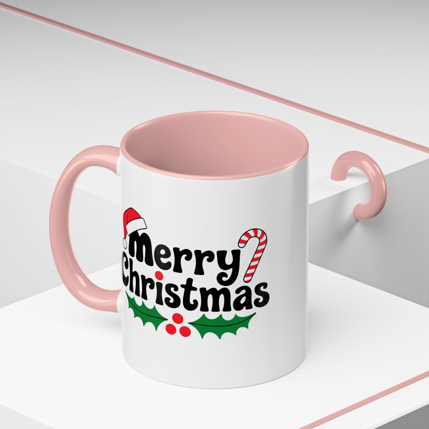 Christmas Mug - Merry Christmas Black Text Hat Candy Cane Mistletoe
